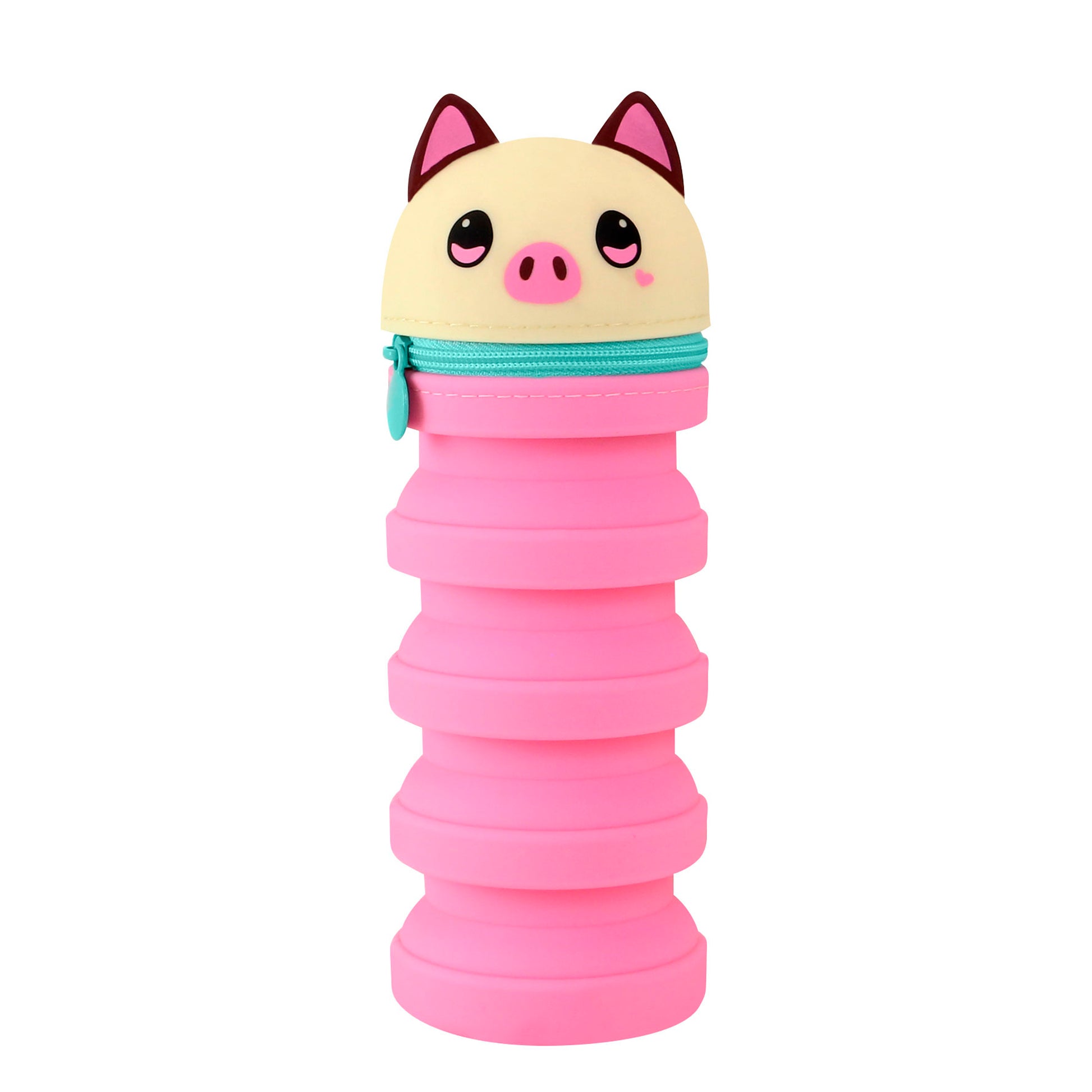 A cute pink collapsible water bottle with a zippered lid shaped like a pig’s face—perfectly adorable to match your Santoro Bangoberry Piggy Pig Stretchy Pencil Case.