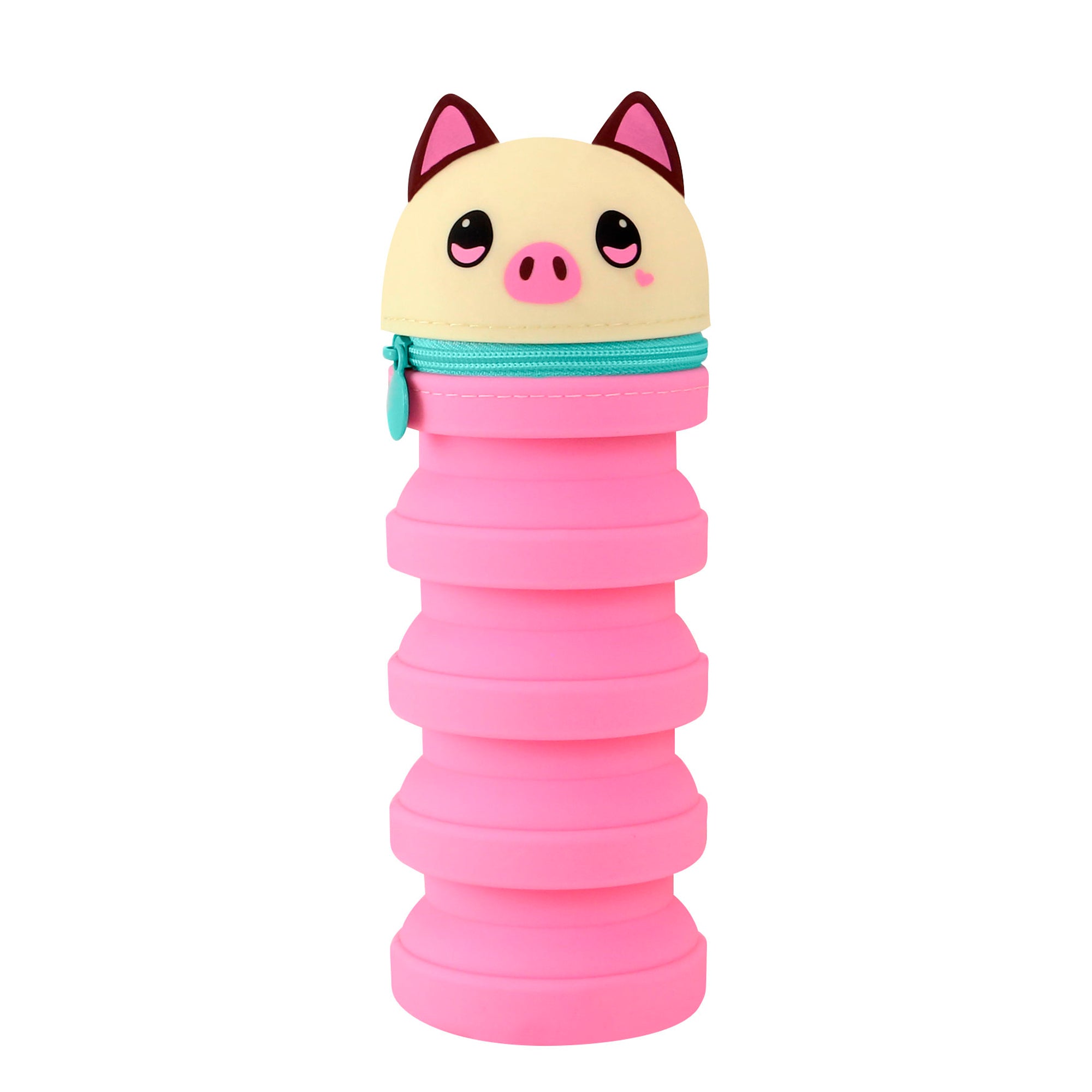 A cute pink collapsible water bottle with a zippered lid shaped like a pig’s face—perfectly adorable to match your Santoro Bangoberry Piggy Pig Stretchy Pencil Case.