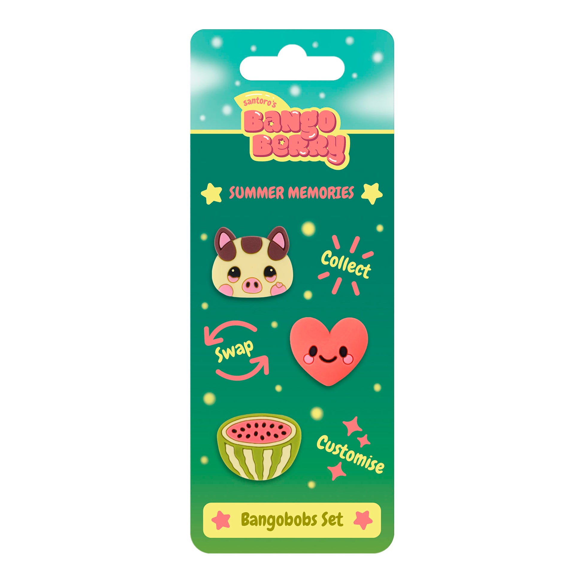The Santoro Bangoberry BangoBobs: Summer Memories set features a colorful card with three playful charms—a pig face, smiling red heart, and watermelon slice—and packaging inviting you to collect, swap, and customize.