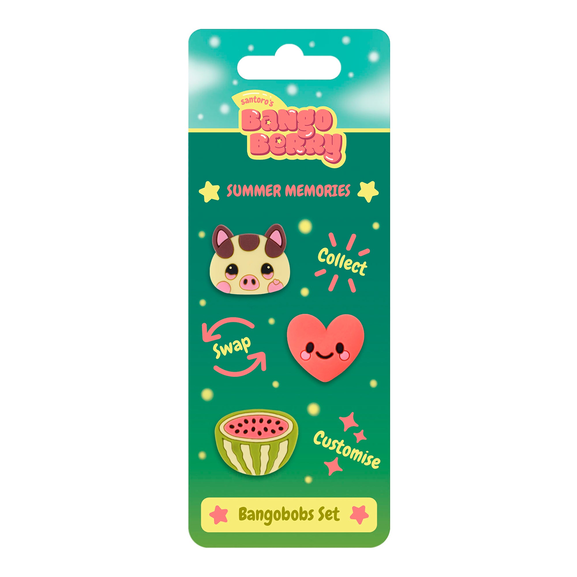 The Santoro Bangoberry BangoBobs: Summer Memories set features a colorful card with three playful charms—a pig face, smiling red heart, and watermelon slice—and packaging inviting you to collect, swap, and customize.