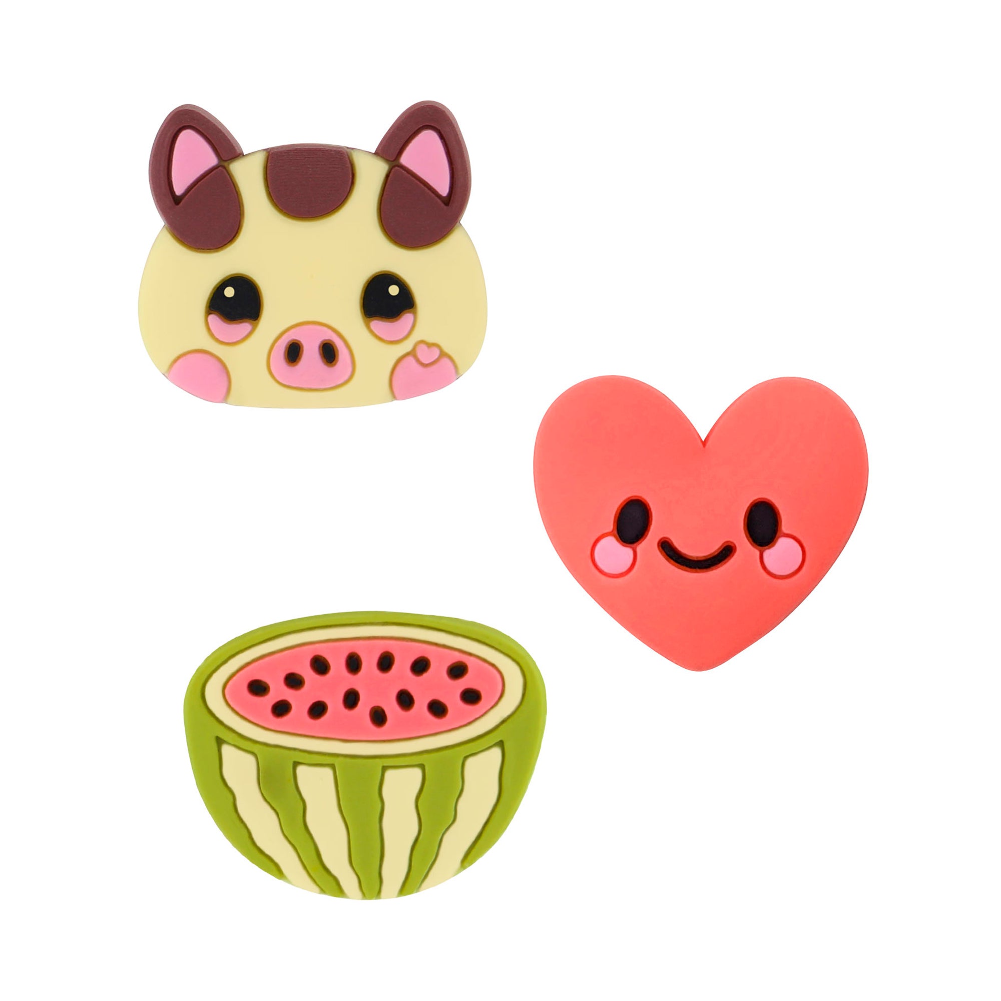 Add playful style to your look with Santoro’s Bangoberry BangoBobs: Summer Memories—three cute cartoon pins featuring a pink-cheeked pig, a blushing red heart, and a juicy watermelon slice.