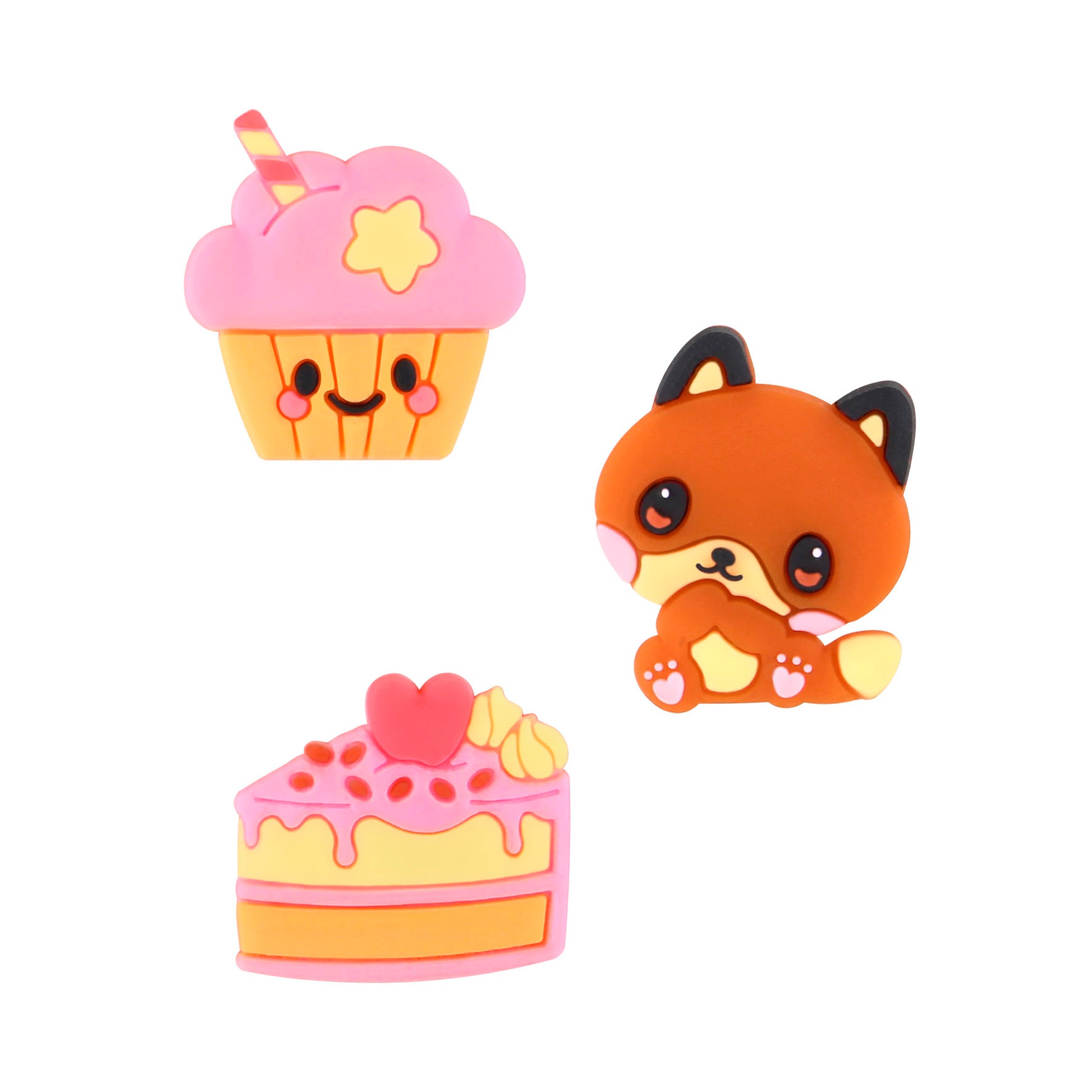Three colorful cartoon magnets from the Santoro Bangoberry BangoBobs: Sugar Rush Set—a pink cupcake with a straw and star, a cute brown fox with big eyes, and a slice of pink and yellow cake with heart and berry charm designs.
