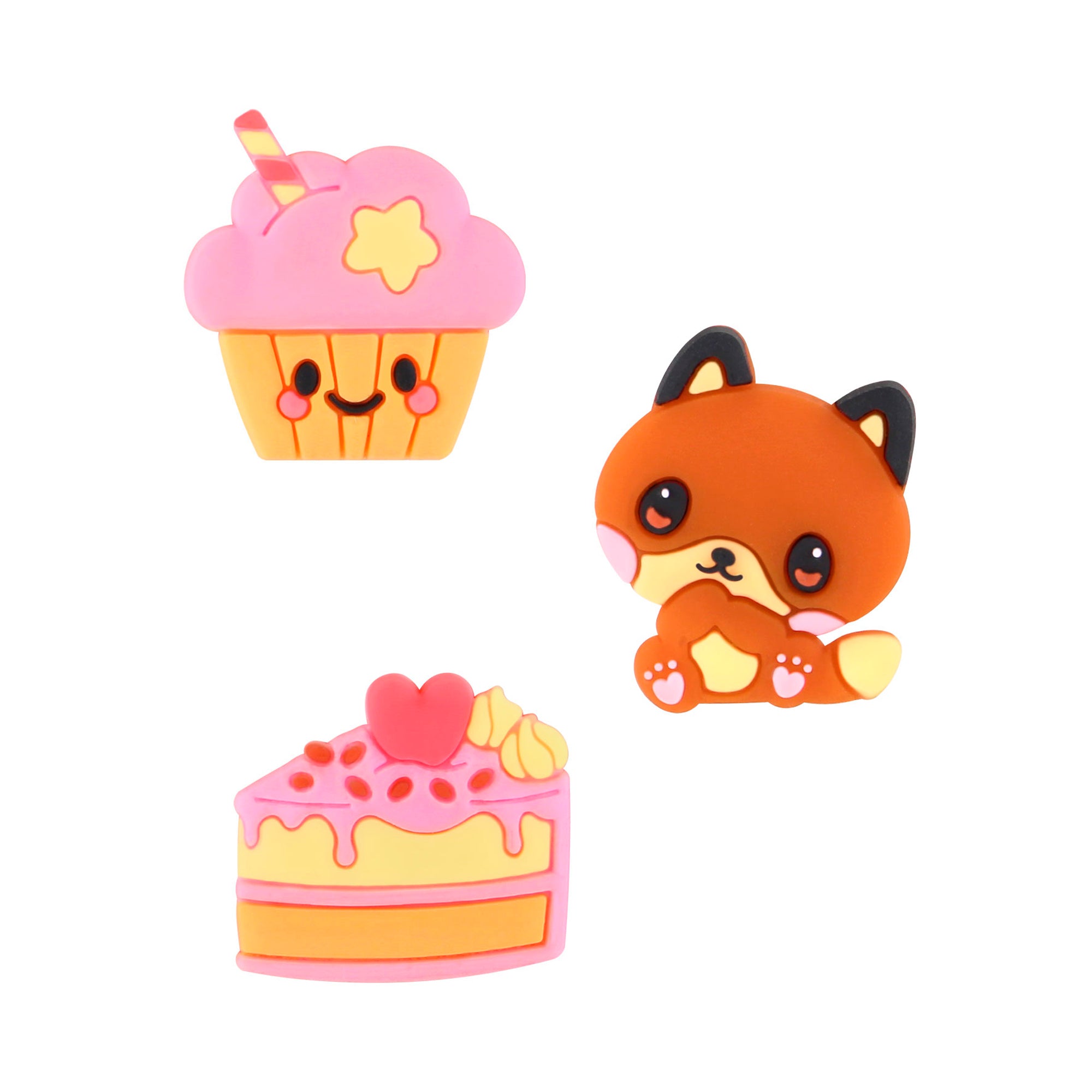 Three colorful cartoon magnets from the Santoro Bangoberry BangoBobs: Sugar Rush Set—a pink cupcake with a straw and star, a cute brown fox with big eyes, and a slice of pink and yellow cake with heart and berry charm designs.