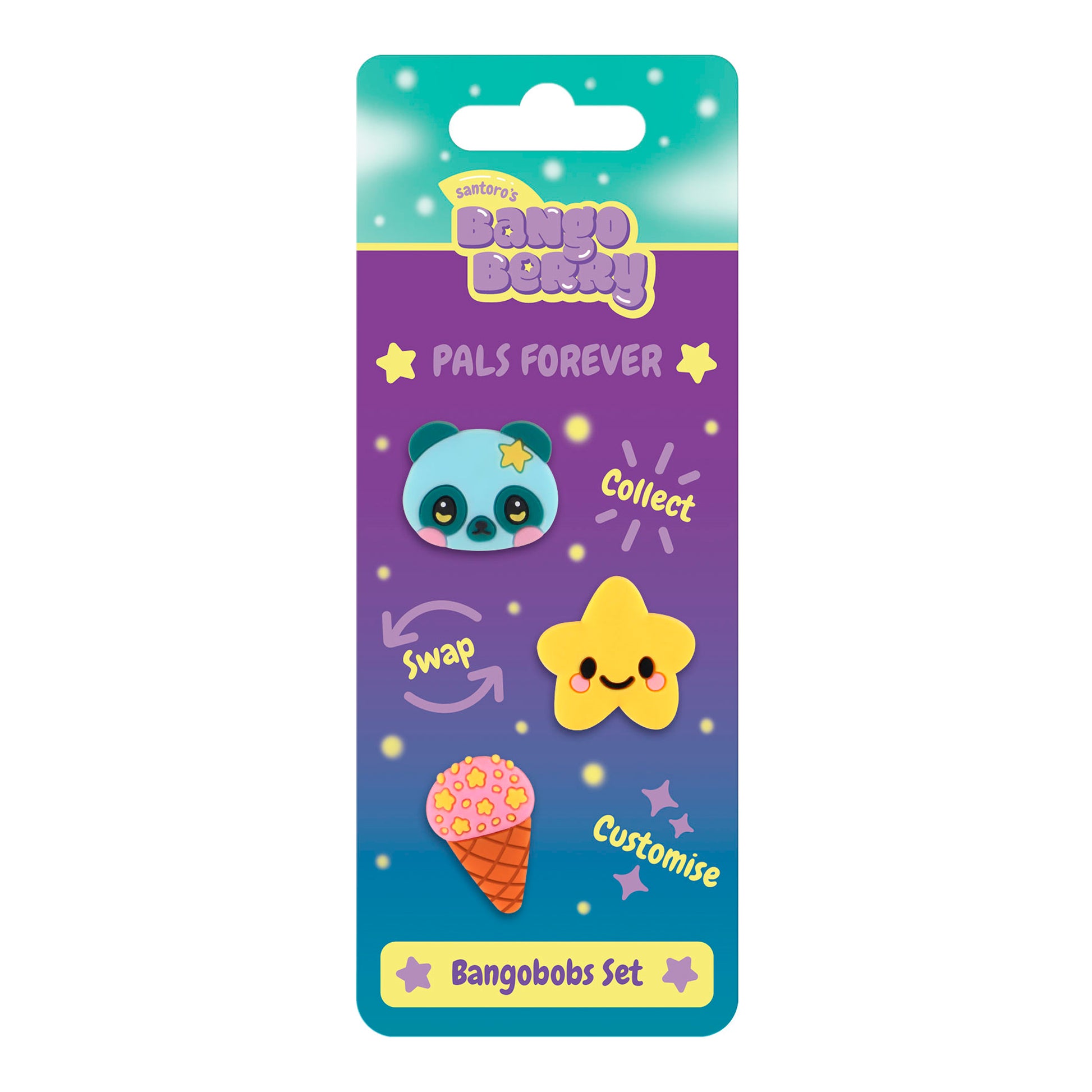 Santoro’s Bangoberry BangoBobs: Pals Forever comes in colorful packaging with a blue panda, yellow star, and pink ice cream cone on a purple and teal background. Celebrate friendship—collect, swap, and customise your pals!.