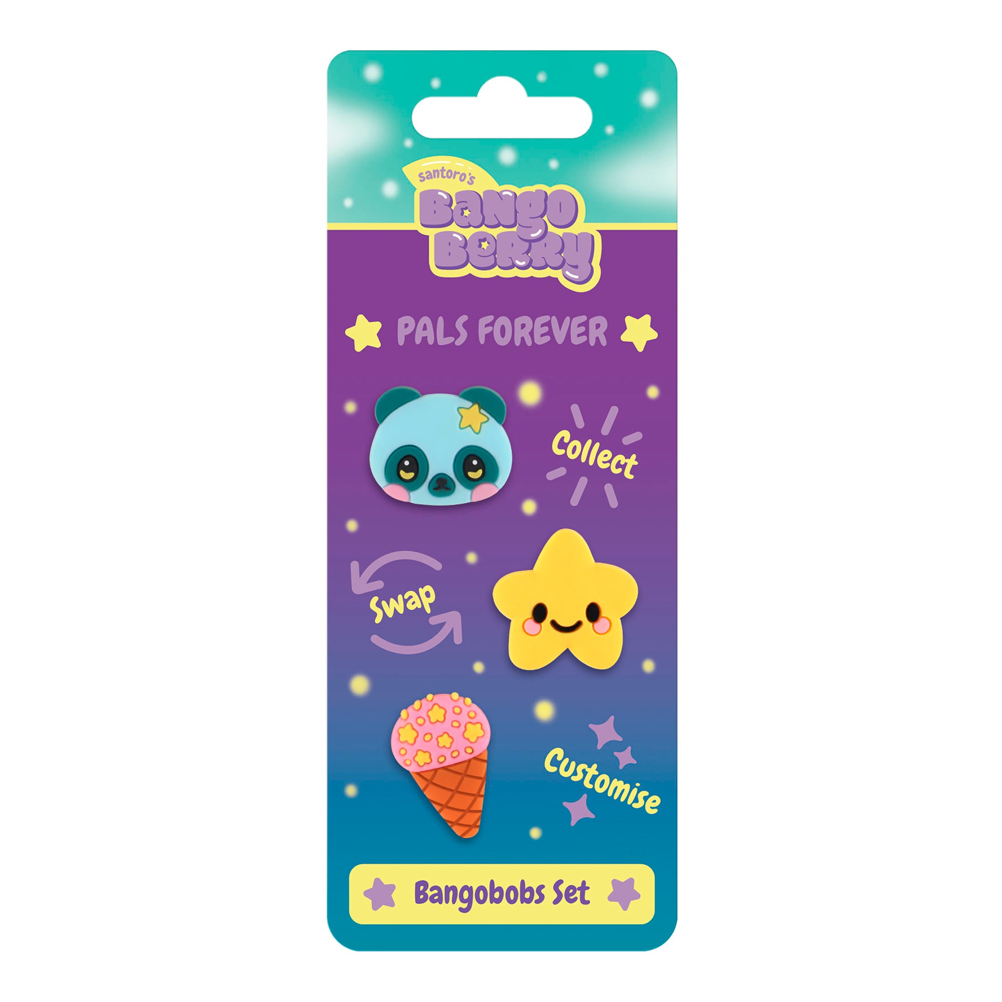 Santoro’s Bangoberry BangoBobs: Pals Forever comes in colorful packaging with a blue panda, yellow star, and pink ice cream cone on a purple and teal background. Celebrate friendship—collect, swap, and customise your pals!.