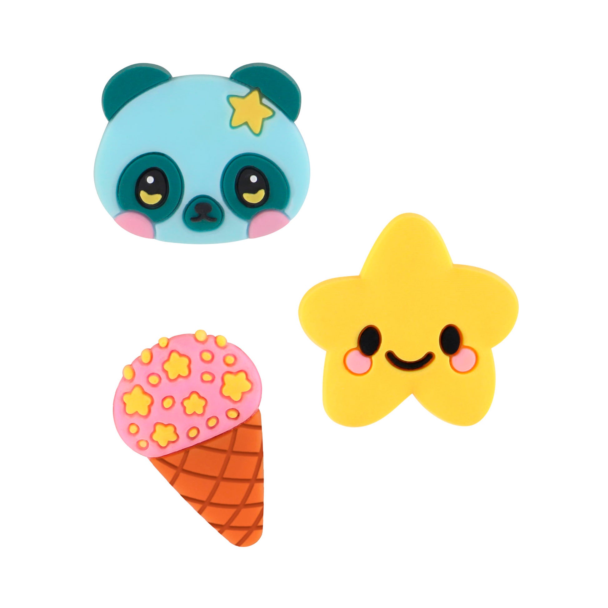 Santoro’s Bangoberry BangoBobs: Pals Forever set includes three playful pins—a blue panda head with a yellow star, a cheerful friendship star, and a pink ice cream cone with yellow stars on a brown waffle cone.