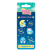 The Santoro Bangoberry BangoBobs: Midnight Dreams set includes a cosy cartoon moon, blue bug, and whipped cream mug with starry accents and text: Collect, Swap, and Customise.
