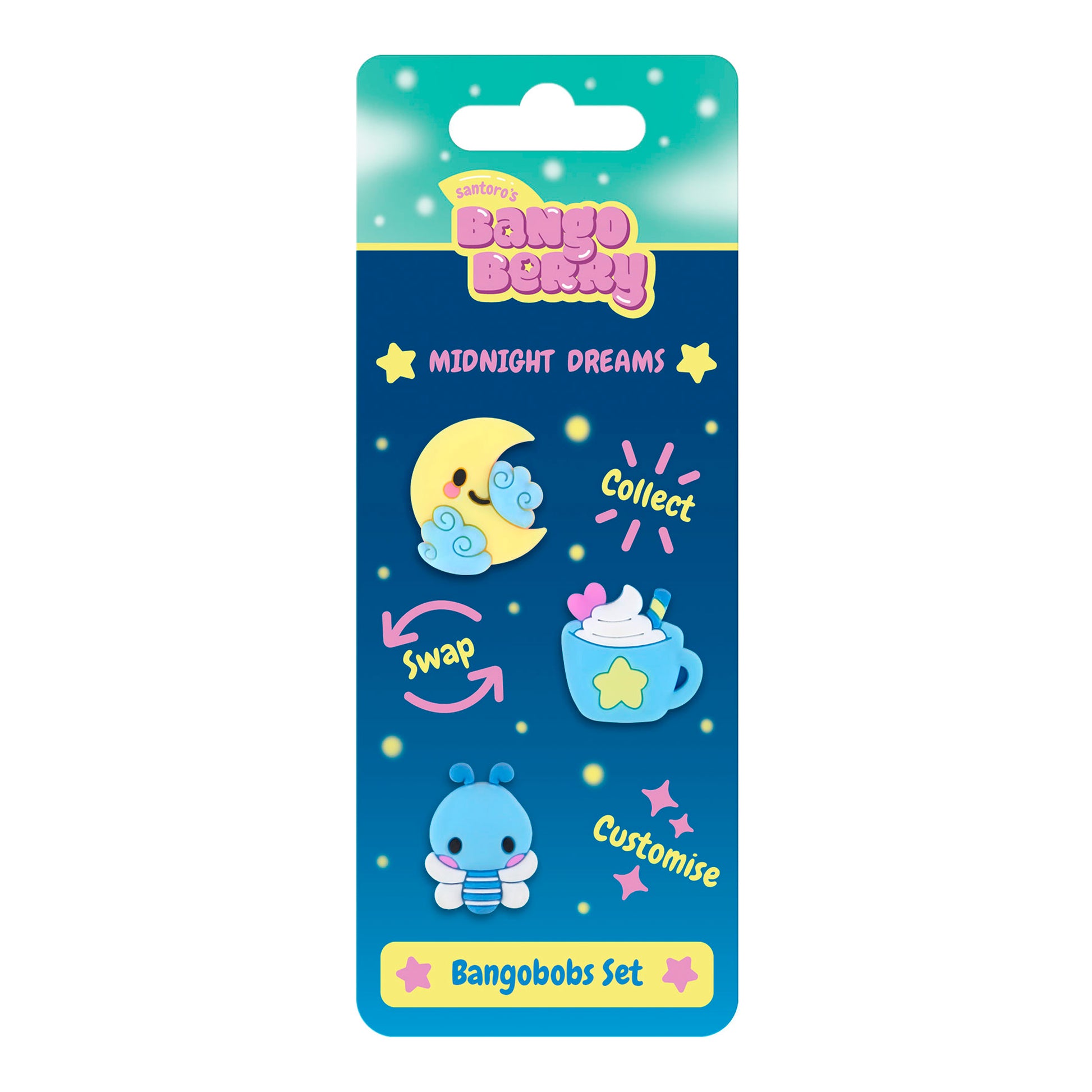 The Santoro Bangoberry BangoBobs: Midnight Dreams set includes a cosy cartoon moon, blue bug, and whipped cream mug with starry accents and text: Collect, Swap, and Customise.