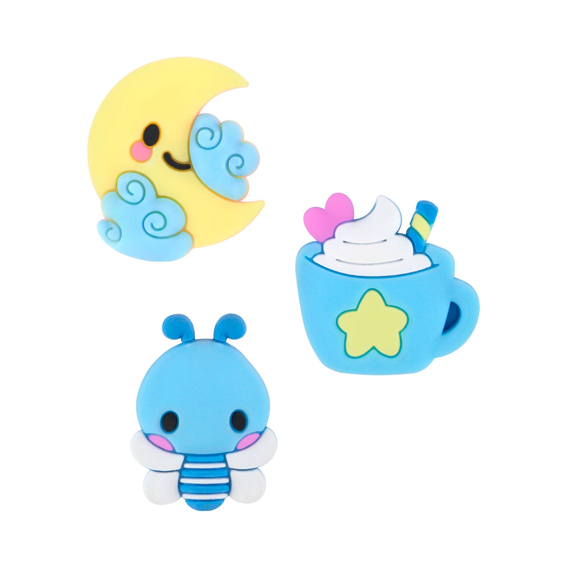 Santoro’s Bangoberry BangoBobs: Midnight Dreams set features three cute designs—a smiling crescent moon with clouds, a blue striped bug with antennae, and a blue cup topped with whipped cream, heart, straw, and yellow star.