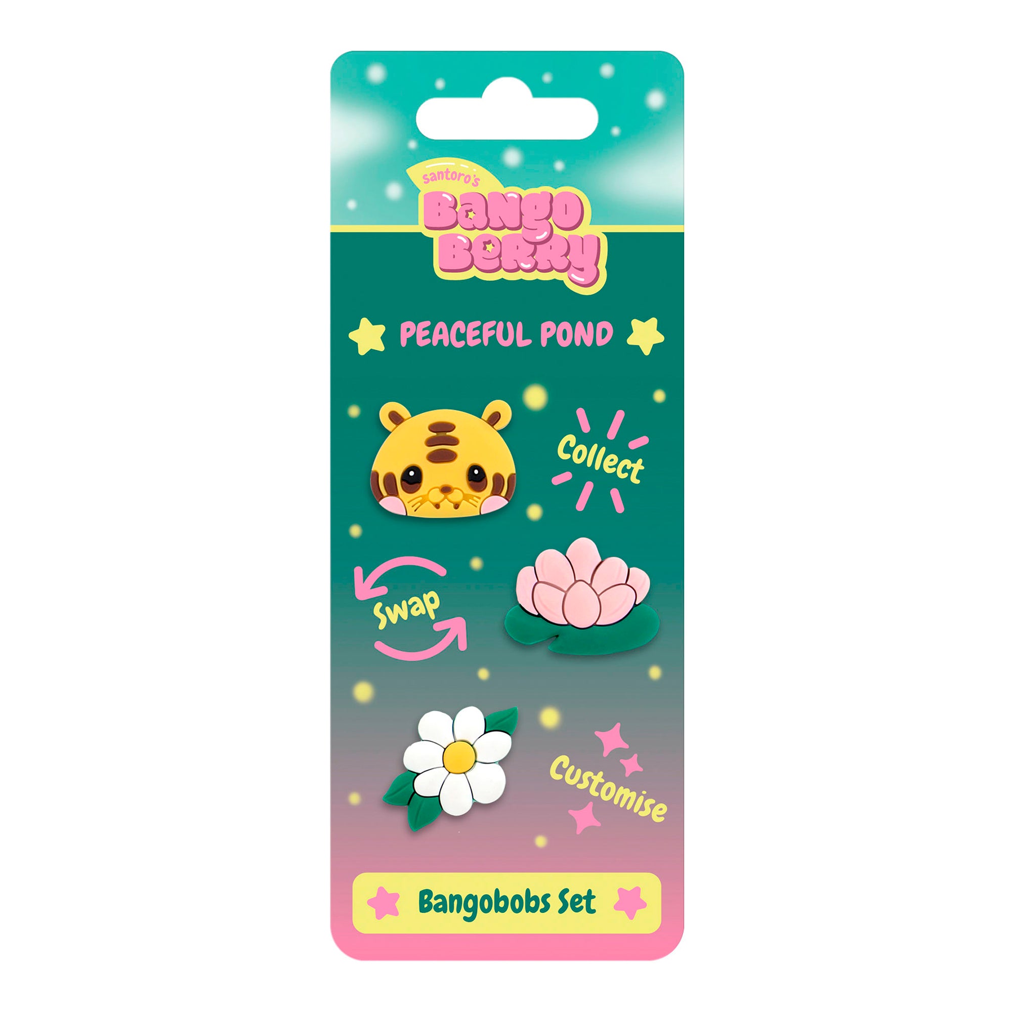 The Santoro Bangoberry BangoBobs: Peaceful Pond set features three nature-themed charms—a tiger face, a pink lotus, and a white daisy with green leaves—and highlights the options to “Collect,” “Swap,” and “Customise.”.