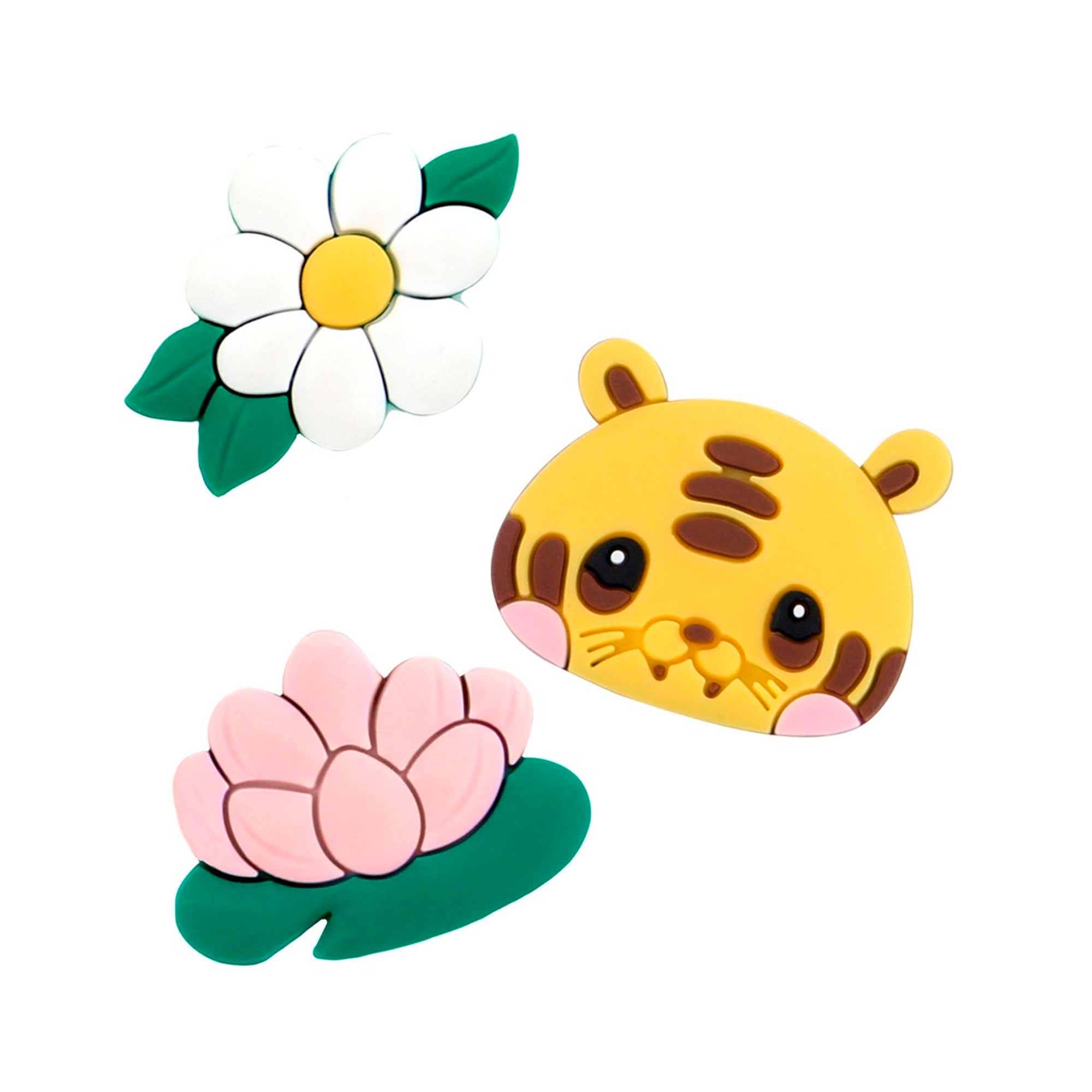 The Santoro Bangoberry BangoBobs: Peaceful Pond set showcases a tiger face with pink blush, a white flower with green leaves, and a pink lotus on a lily pad—nature motifs evoking tranquility on a crisp white background.