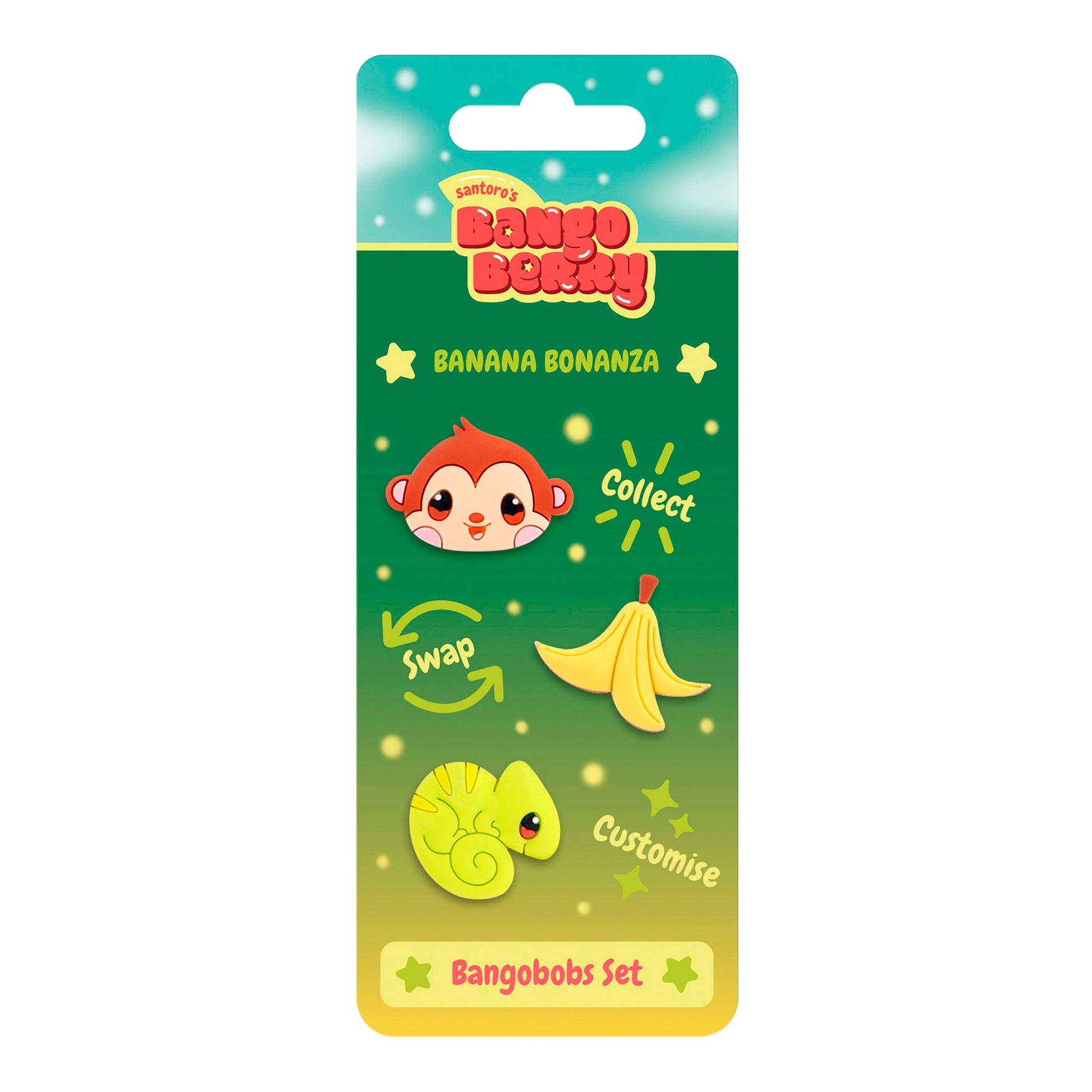 A colorful Santoro Bangoberry BangoBobs: Banana Bonanza pack features a cartoon monkey face, a banana, and a green chameleon, with the words "Collect, Swap, and Customise" on the label.