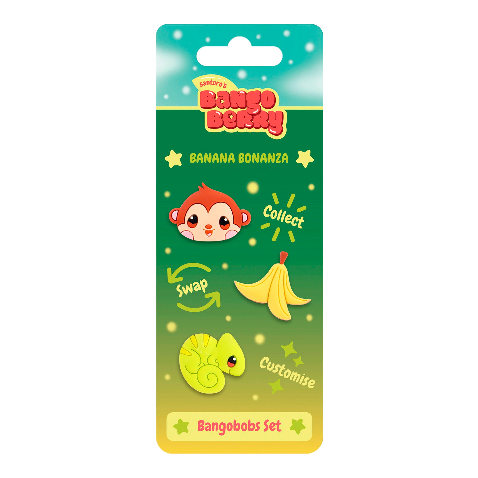 A colorful Santoro Bangoberry BangoBobs: Banana Bonanza pack features a cartoon monkey face, a banana, and a green chameleon, with the words "Collect, Swap, and Customise" on the label.