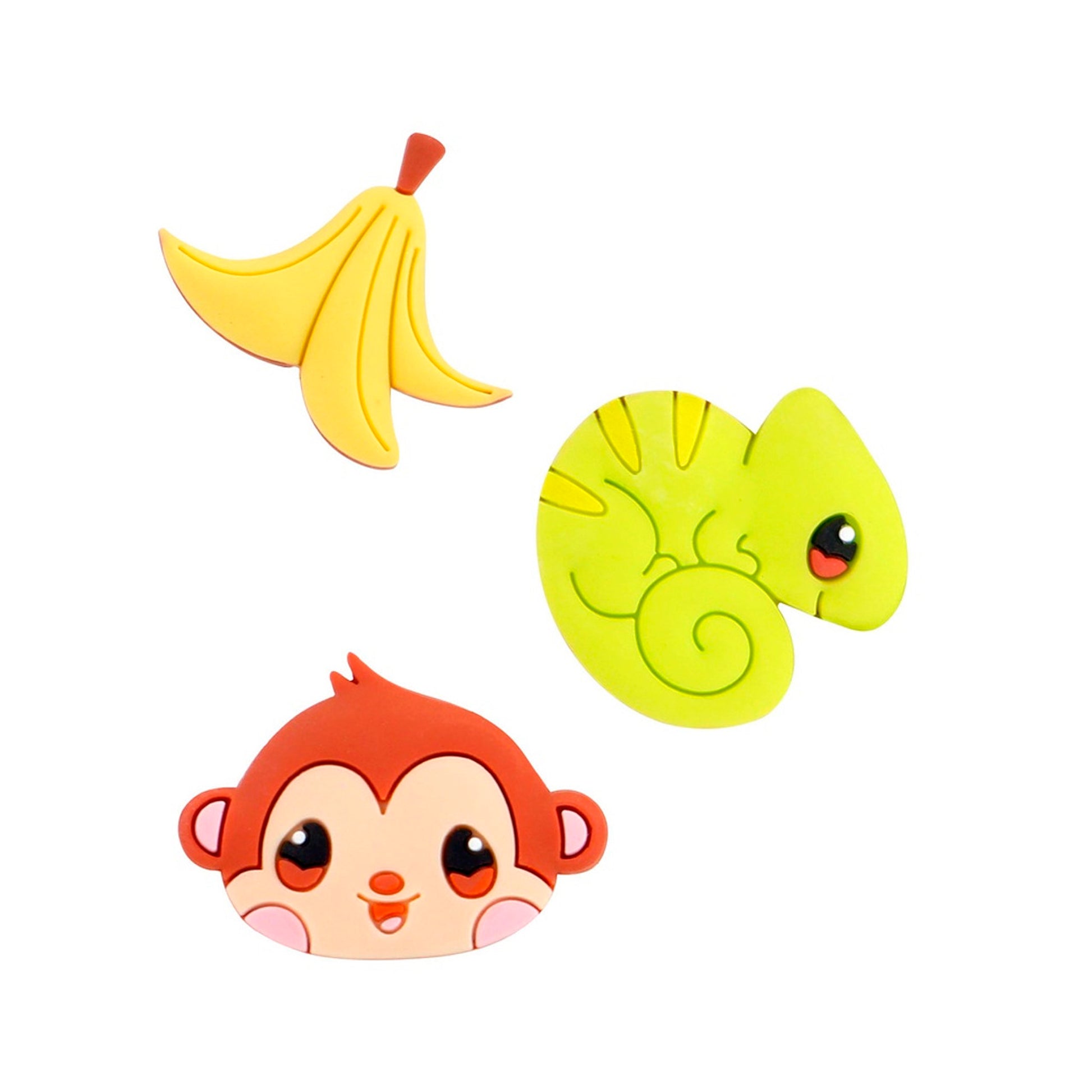 Three colorful cartoon illustrations from Santoro's Bangoberry BangoBobs: Banana Bonanza— a peeled yellow banana, a cute green chameleon, and a smiling monkey face with rosy cheeks on a white background.