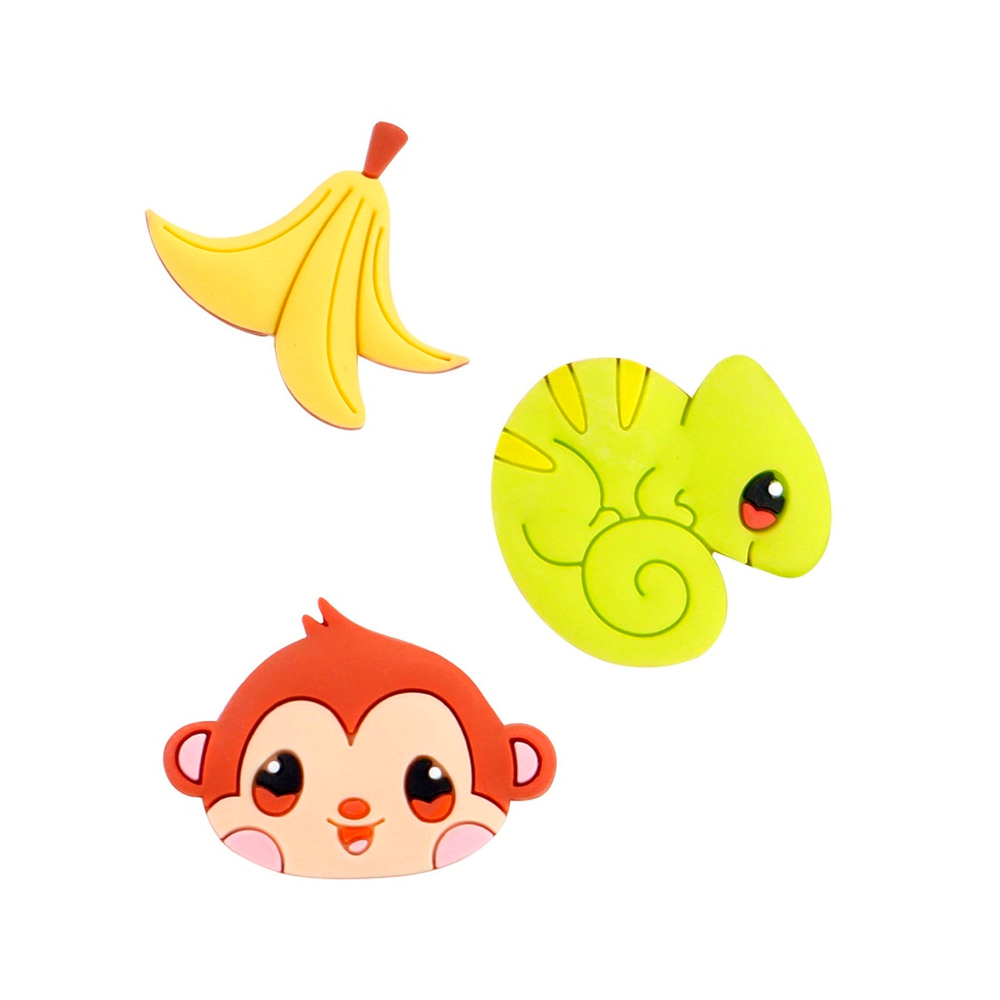 Three colorful cartoon illustrations from Santoro's Bangoberry BangoBobs: Banana Bonanza— a peeled yellow banana, a cute green chameleon, and a smiling monkey face with rosy cheeks on a white background.