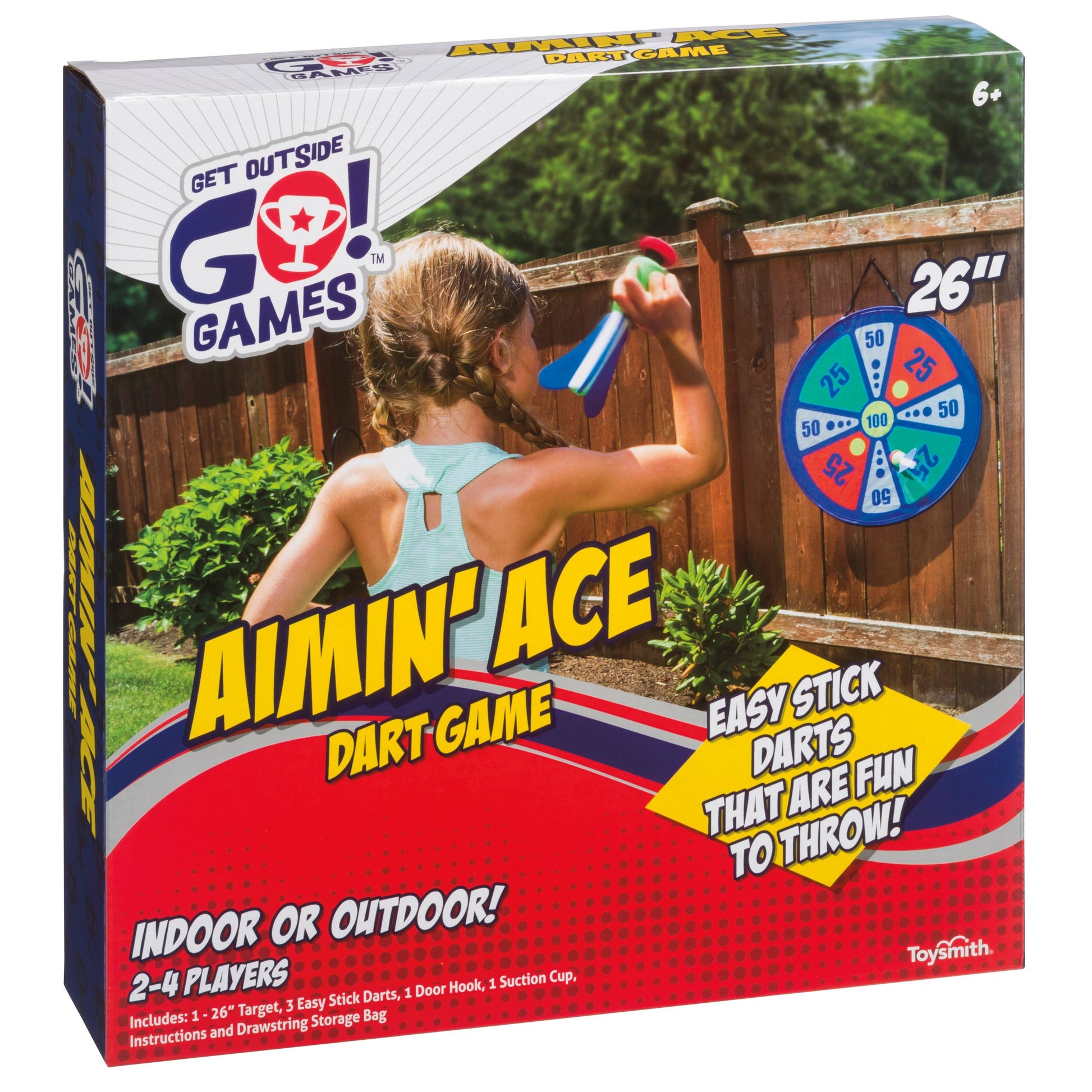 A young girl plays the GO! Play Promo Dart Game, aiming at a bright target. The packaging promotes “Easy Stick Darts,” suitable for indoor or outdoor fun, and is designed for 2–4 players ages 6 and up. Retail value: $1,071.60.
