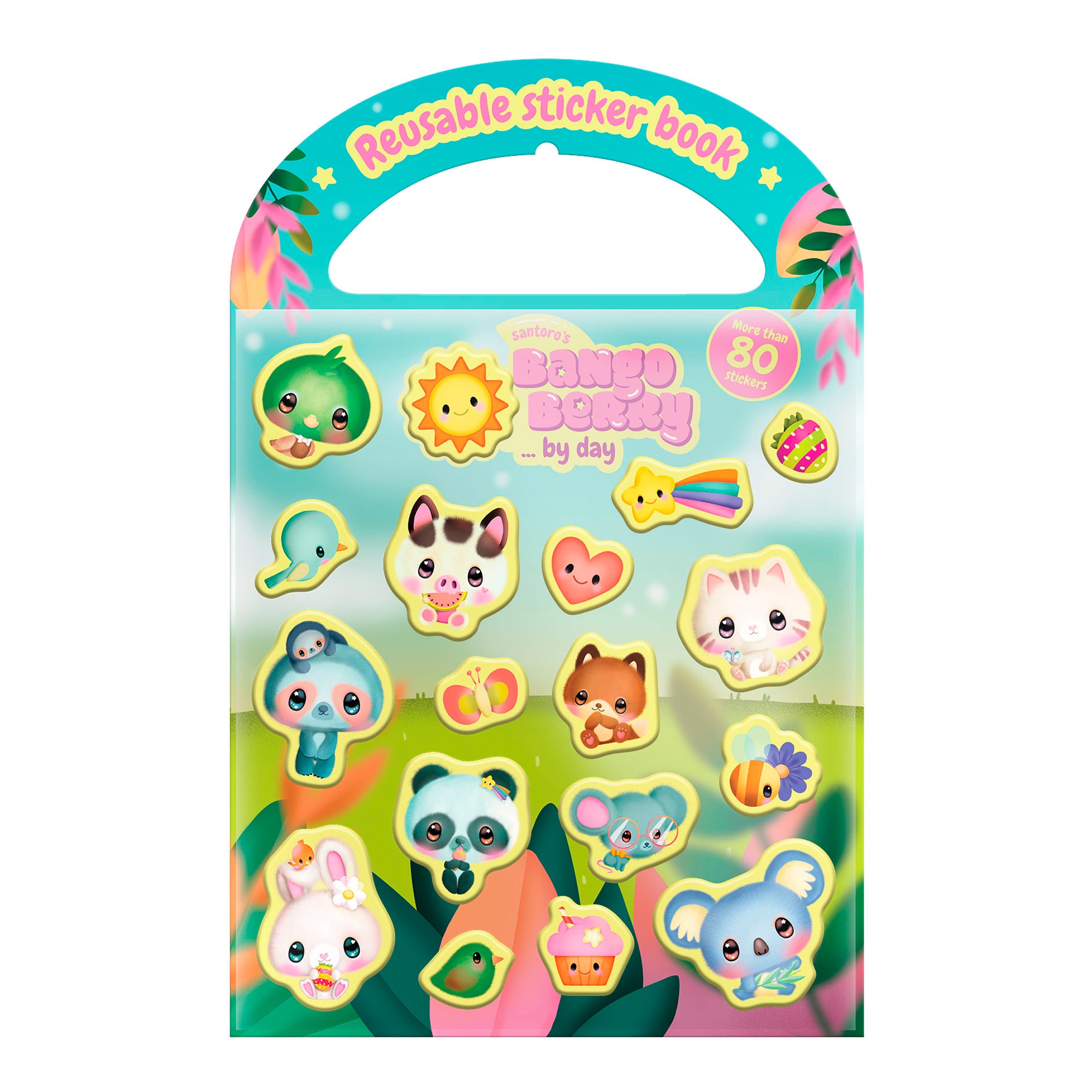 Bright and playful kids sticker book cover with cute cartoon animals (duck, cat, bear, rabbit, panda, koala). Features "Reusable sticker book" and "Bangoberry Stick & Play Book - By Day" by Santoro on a sunny background—ideal for creative fun!.