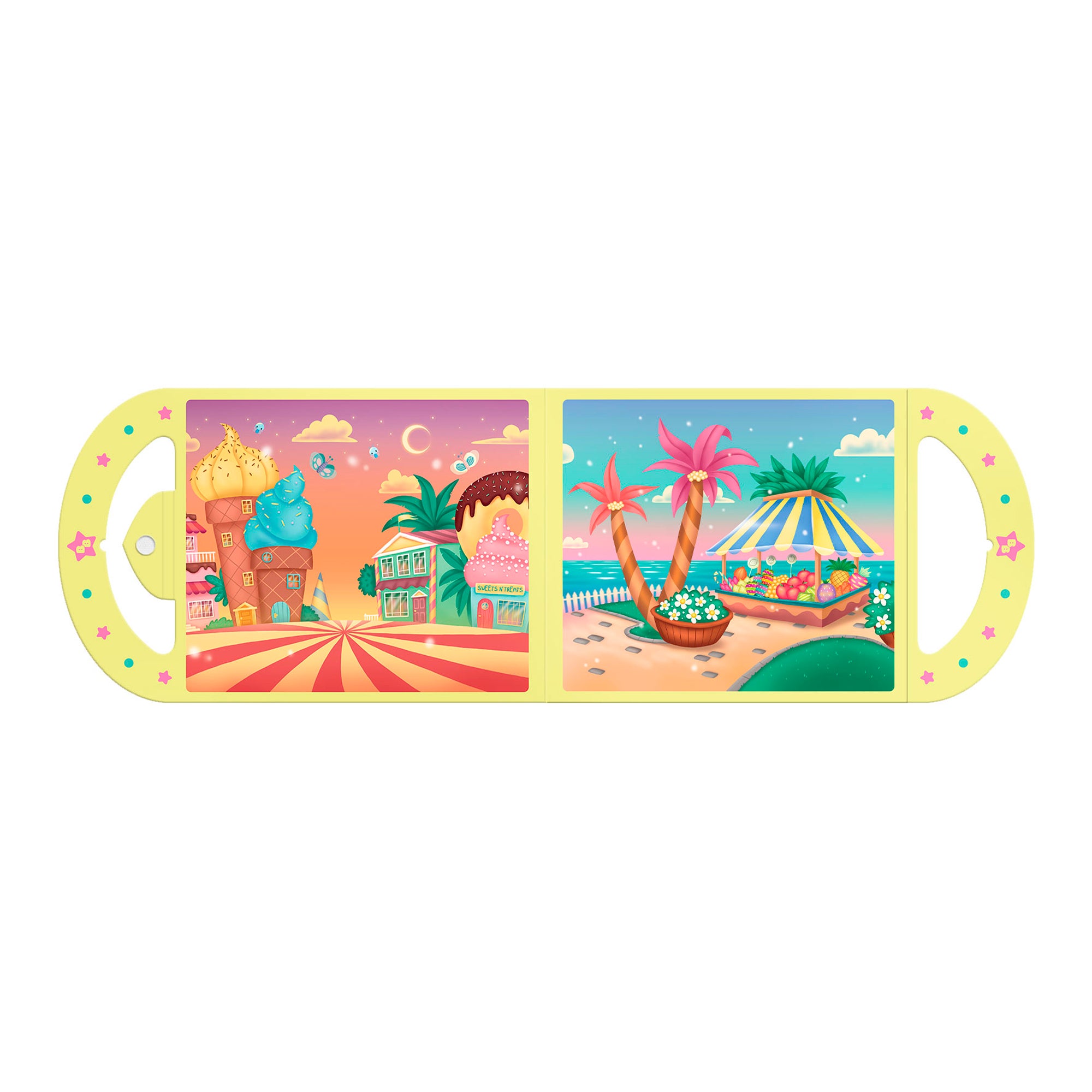 The Bangoberry Stick & Play Book - By Day by Santoro features two vibrant cartoon scenes—ice cream buildings beneath a pink sky and a tropical beach with palm trees and fruit—each bordered with stars. Perfect for sticker play or creative kids’ activities.