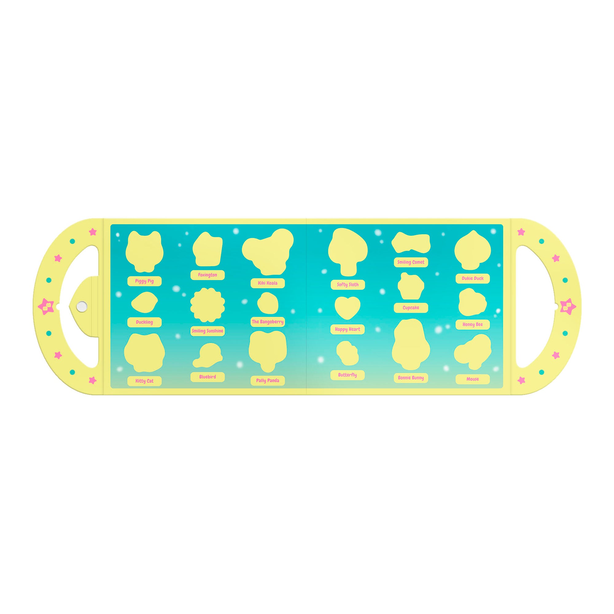 The Santoro Bangoberry Stick & Play Book - By Day is a rectangular yellow cloud viewer tool with handles, featuring 16 irregular cloud-shaped cutouts labeled with cloud names, set on a gradient blue background with small stars.