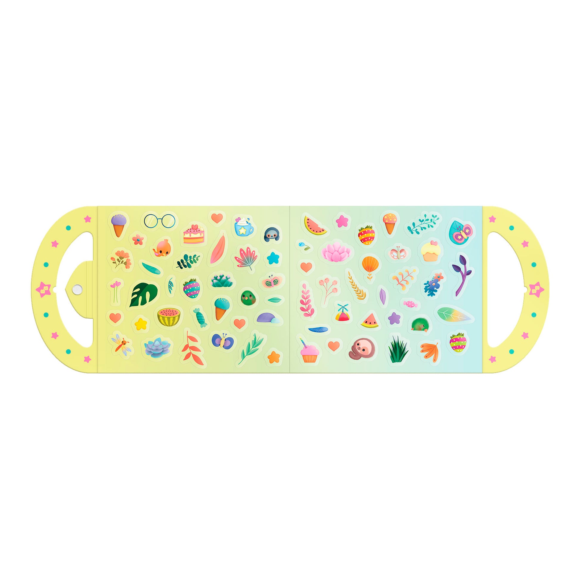 The Santoro Bangoberry Stick & Play Book – By Day is an open kids activity book with yellow and blue pages and colorful reusable stickers of flowers, plants, fruit, desserts, and animals. It features yellow handles with star designs for easy play.