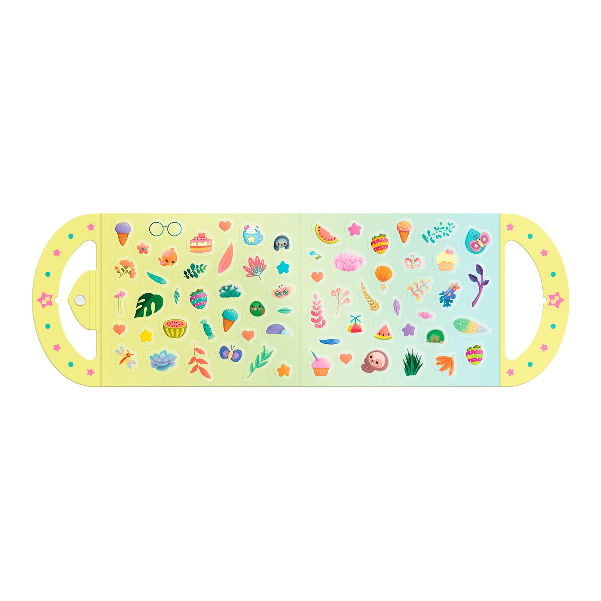 The Santoro Bangoberry Stick & Play Book – By Day is an open kids activity book with yellow and blue pages and colorful reusable stickers of flowers, plants, fruit, desserts, and animals. It features yellow handles with star designs for easy play.