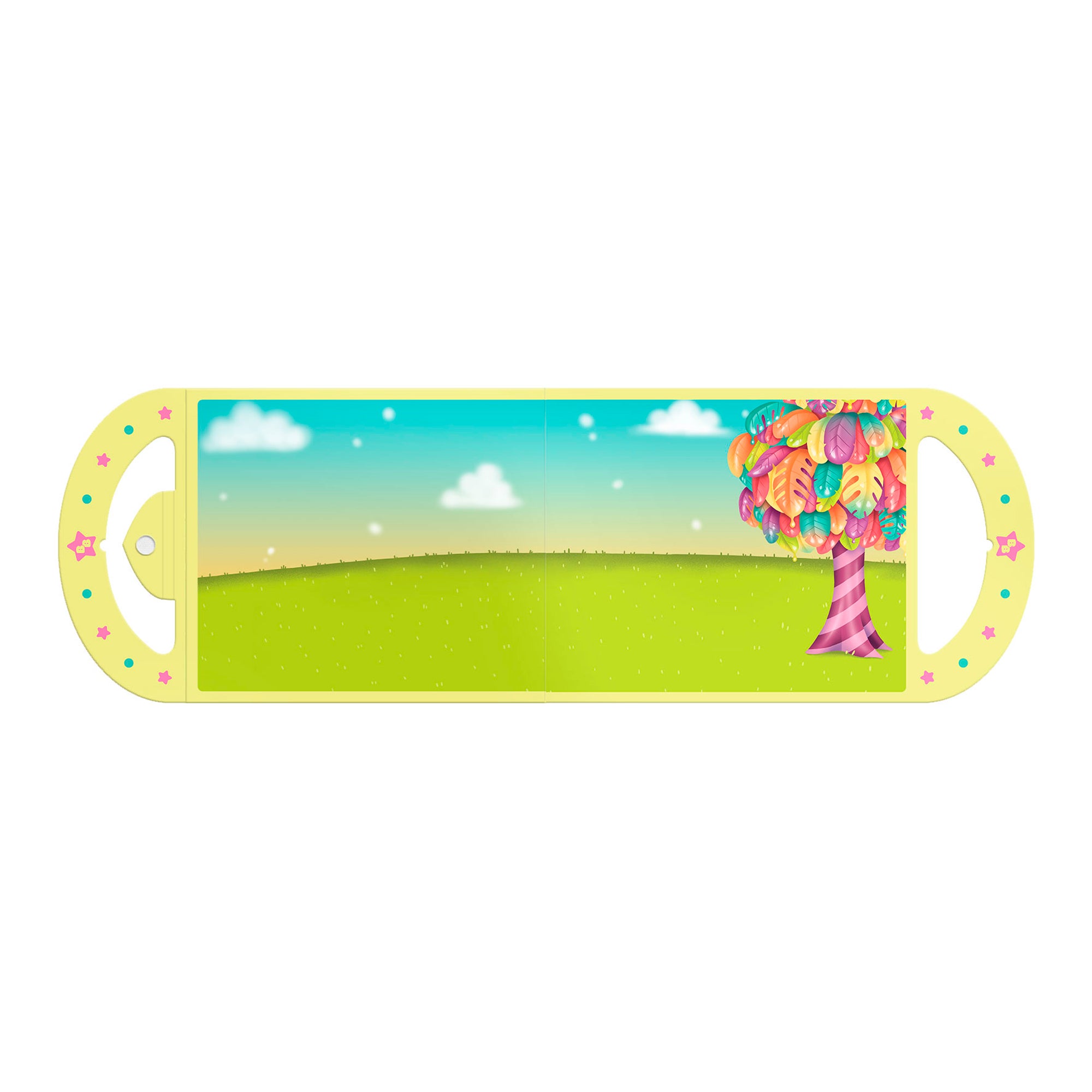 The Santoro Bangoberry Stick & Play Book - By Day features a grassy hill under a blue sky with clouds and a whimsical tree with multicolored leaves. A yellow border with pastel stars and handles makes it perfect for sticker play.