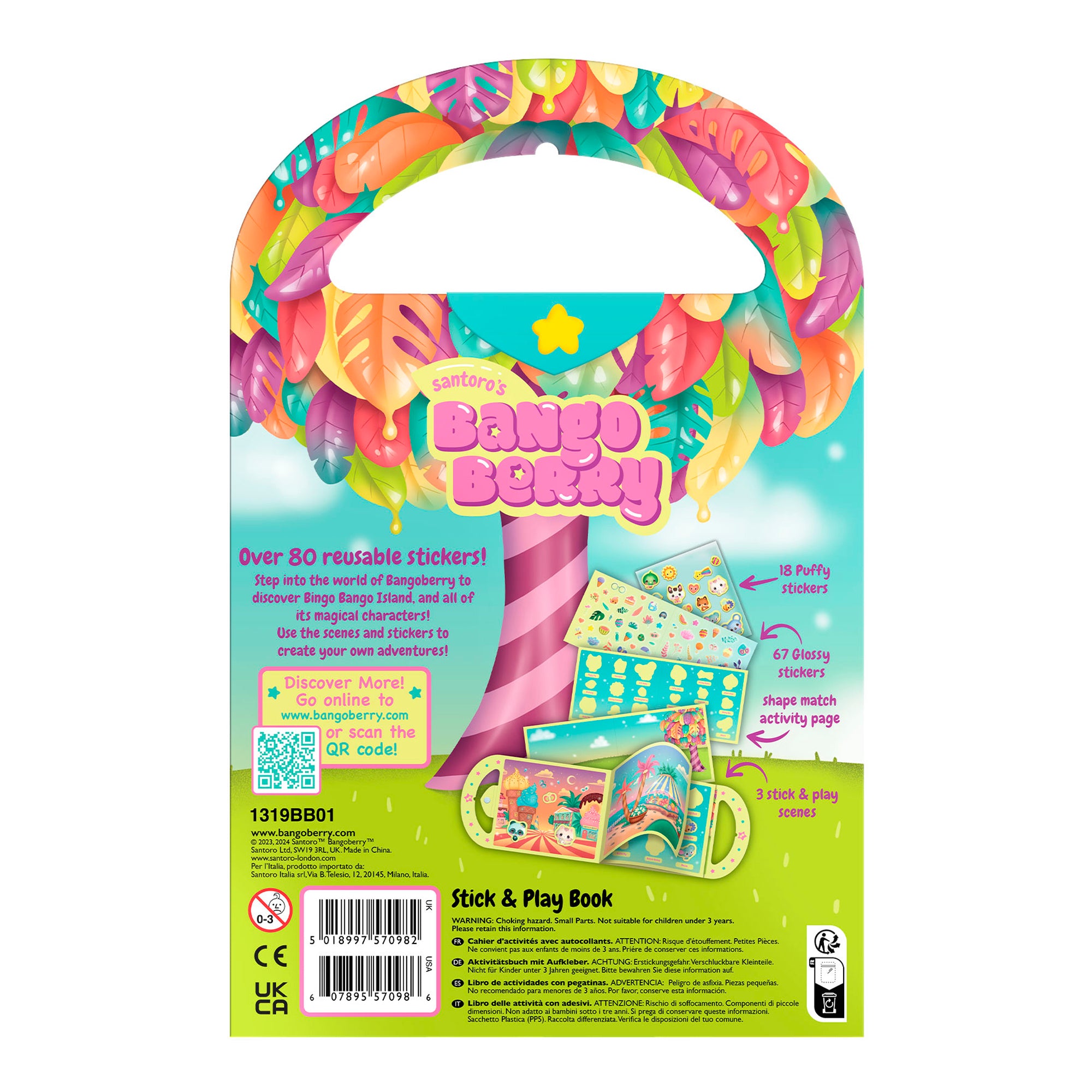 The Bangoberry Stick & Play Book – By Day by Santoro features colorful packaging, bright leaves, fun activity pages, and illustrated scenes. Enjoy imaginative adventures with over 80 reusable stickers for endless play!.