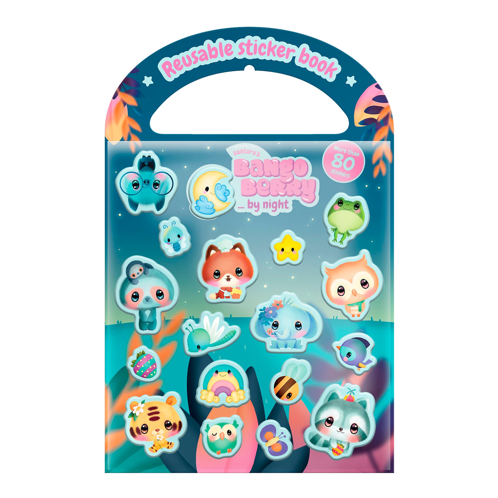 Santoro's Bangoberry Stick & Play Book - By Night features cute animal and star-shaped reusable stickers on a blue-purple background with a rainbow handle—perfect as a fun, portable kids activity!.
