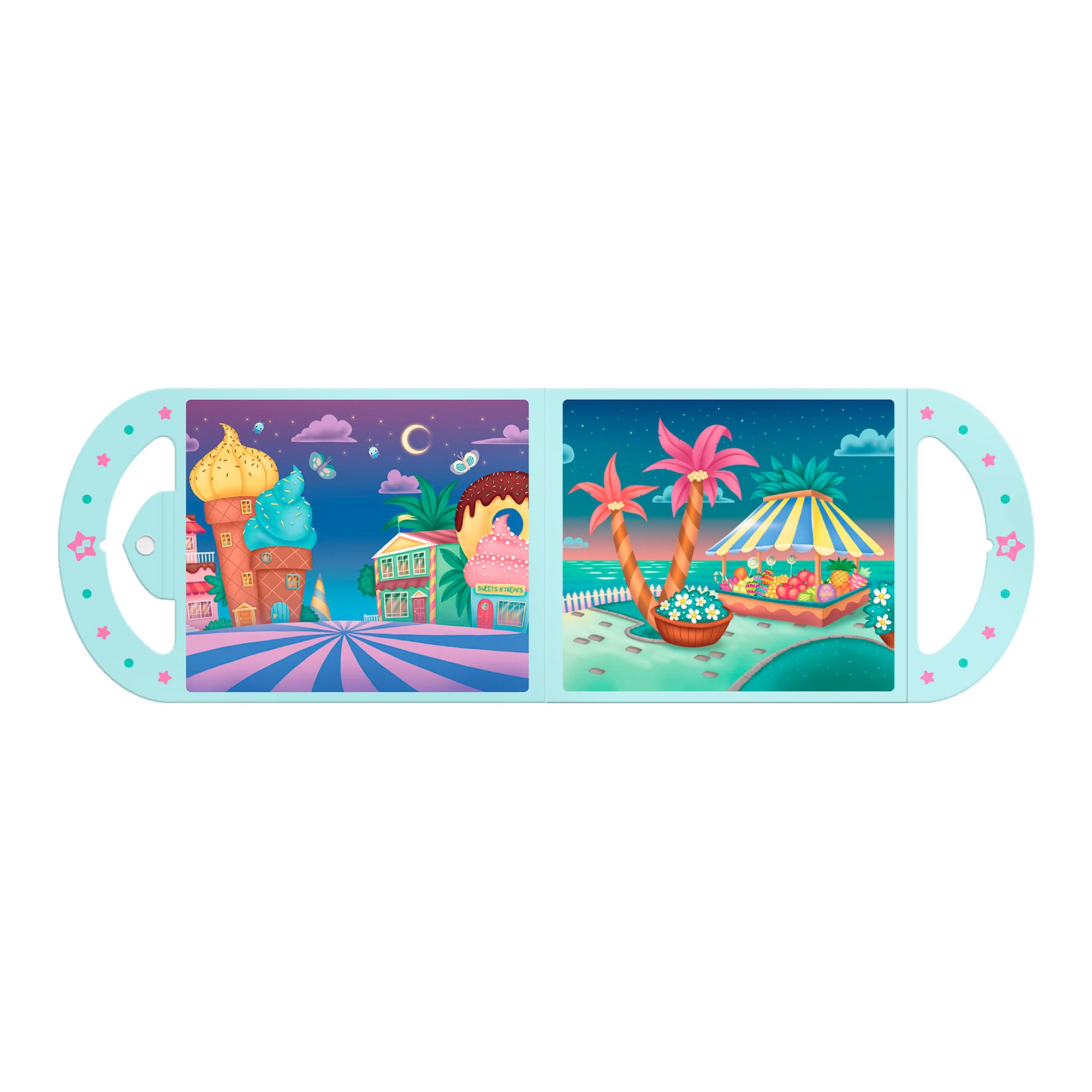 The Santoro Bangoberry Stick & Play Book - By Night is a rectangular kids' activity book with two handles, featuring lively night and island scenes and reusable stickers for portable, creative fun.