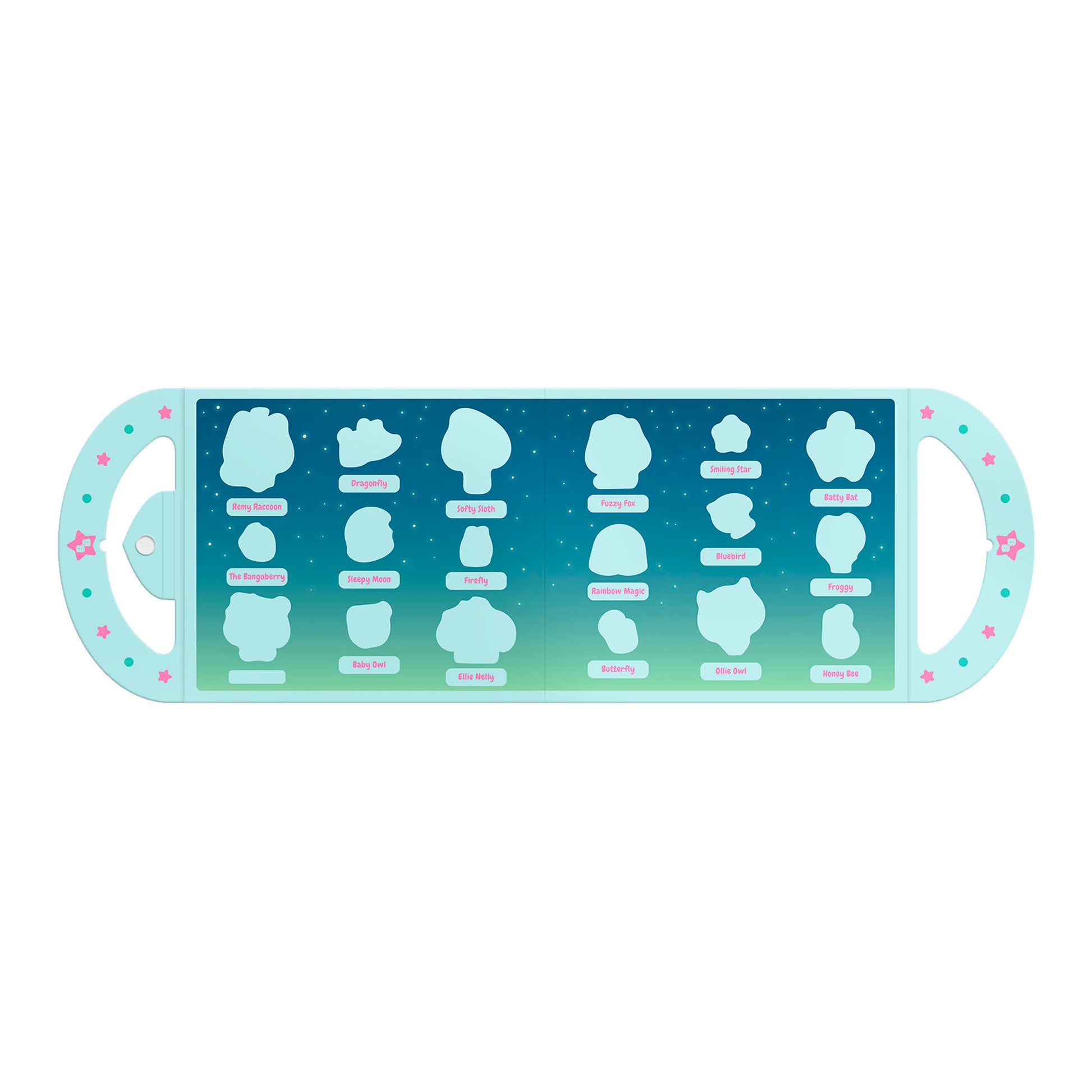 The Bangoberry Stick & Play Book - By Night by Santoro is a rectangular teal and turquoise cloud-spotting guide featuring reusable stickers, labeled cloud shapes, star decorations, and a starry night background—ideal as a portable kids’ activity.