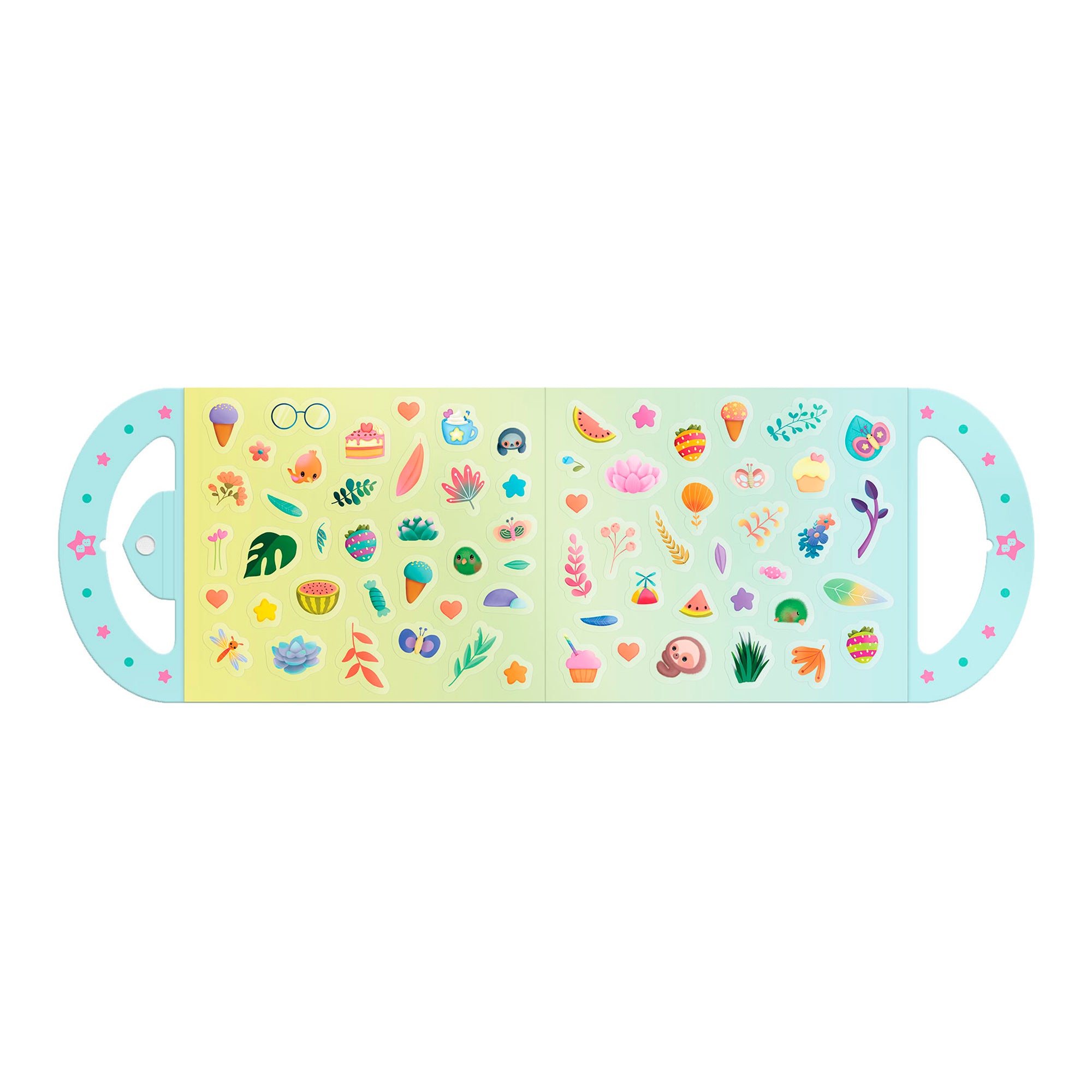 The Santoro Bangoberry Stick & Play Book - By Night features handles and reusable stickers of flowers, fruits, animals, food, and nature—perfect as a portable kids’ activity for on-the-go fun.