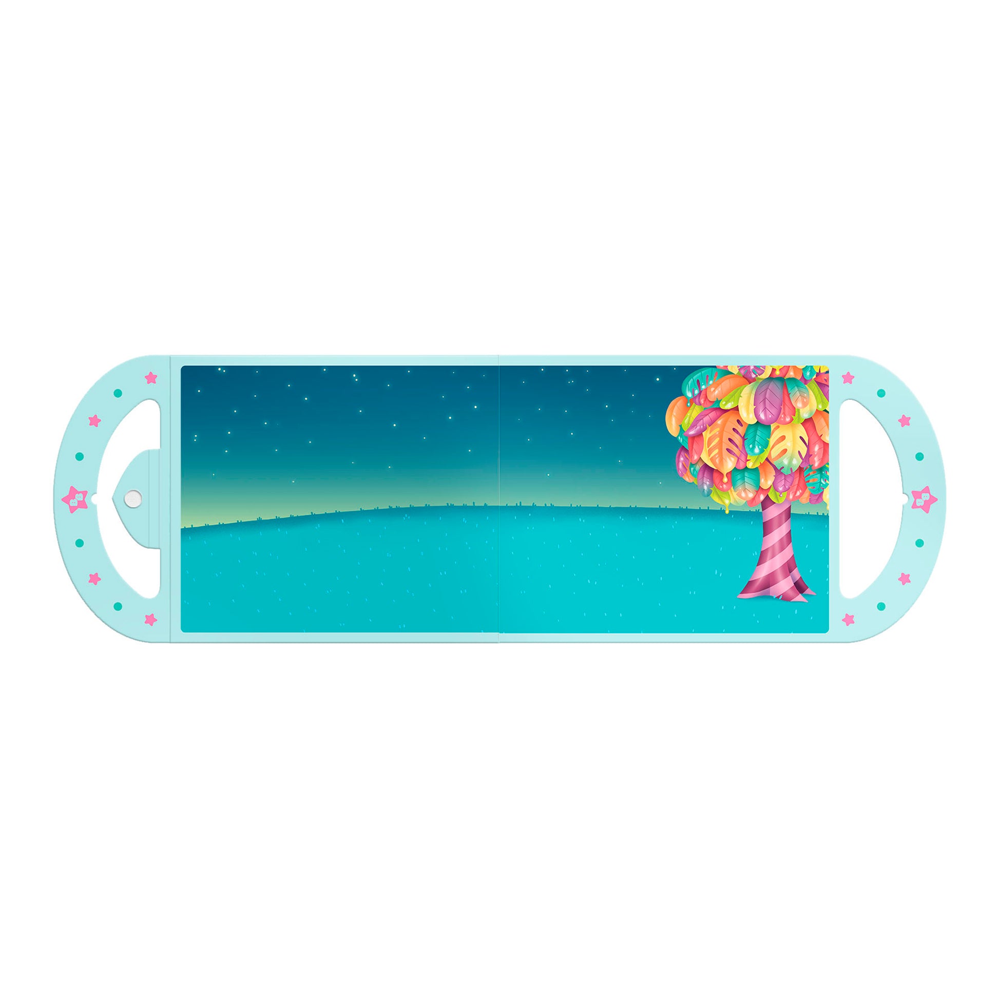Create endless adventures with the Santoro Bangoberry Stick & Play Book - By Night, featuring a whimsical tree, starry sky, and blue hills. This portable kids’ activity includes reusable stickers for creative fun anywhere!.