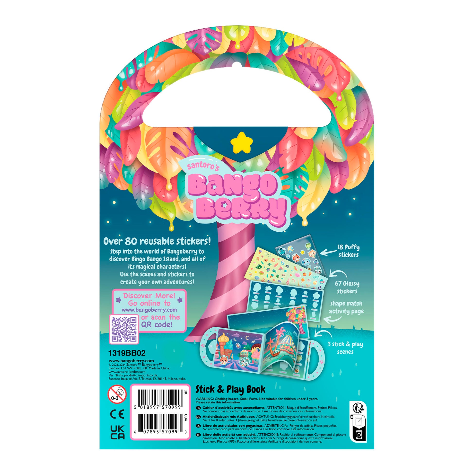 The Santoro Bangoberry Stick & Play Book – By Night features colorful packaging with a pink striped tree, vibrant leaves, images of reusable stickers and 3 play scenes, plus text highlighting 80+ reusable stickers for portable kids’ activities.