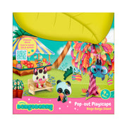 The BangoBerry Pop-Out Playscape features colorful packaging with cartoon animals—cat on a bench, panda, and blue giraffe—on Bingo Bango Island, plus fruit trees, a market stand, and a label for ages 4+.