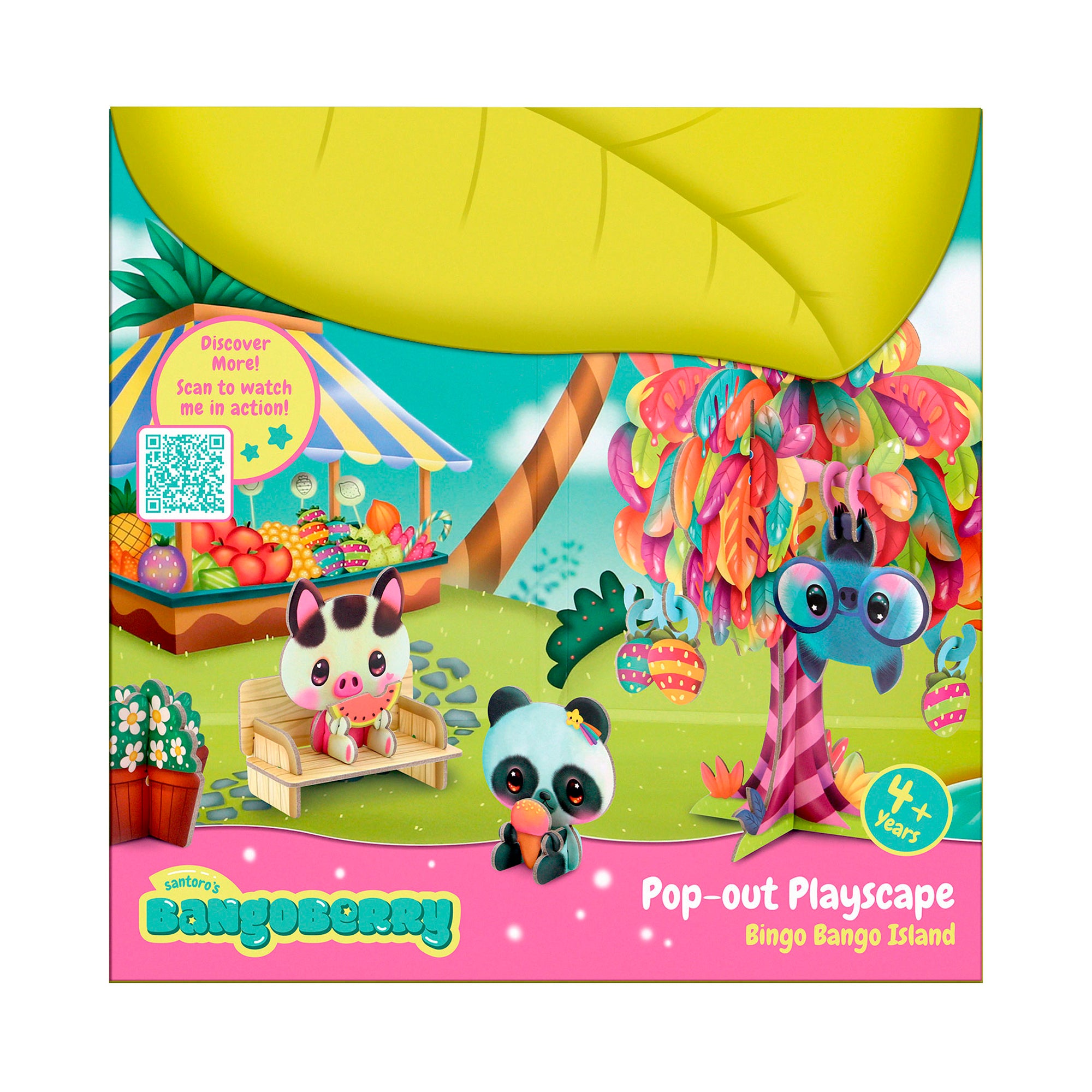 The BangoBerry Pop-Out Playscape features colorful packaging with cartoon animals—cat on a bench, panda, and blue giraffe—on Bingo Bango Island, plus fruit trees, a market stand, and a label for ages 4+.