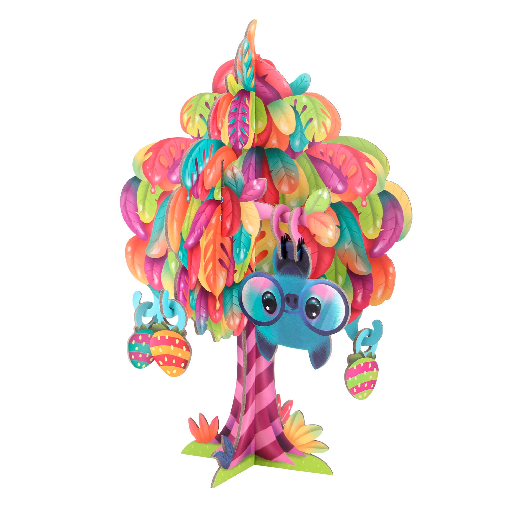 The BangoBerry Pop-Out Playscape features a whimsical cardboard tree with multicolored leaves, a striped trunk, playful striped fruit, and a blue cartoon bat with big eyes hanging upside down from a branch.