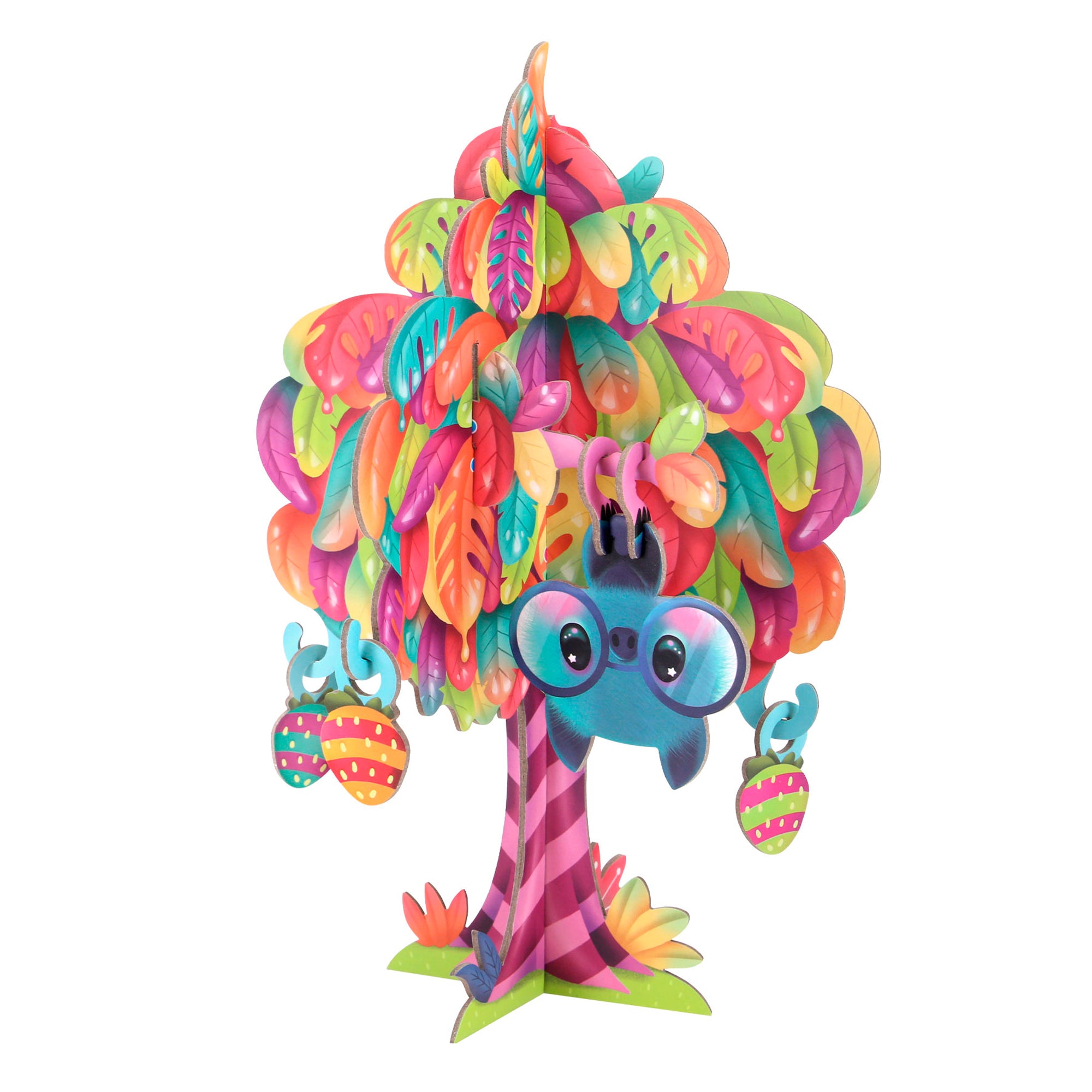 The BangoBerry Pop-Out Playscape features a whimsical cardboard tree with multicolored leaves, a striped trunk, playful striped fruit, and a blue cartoon bat with big eyes hanging upside down from a branch.