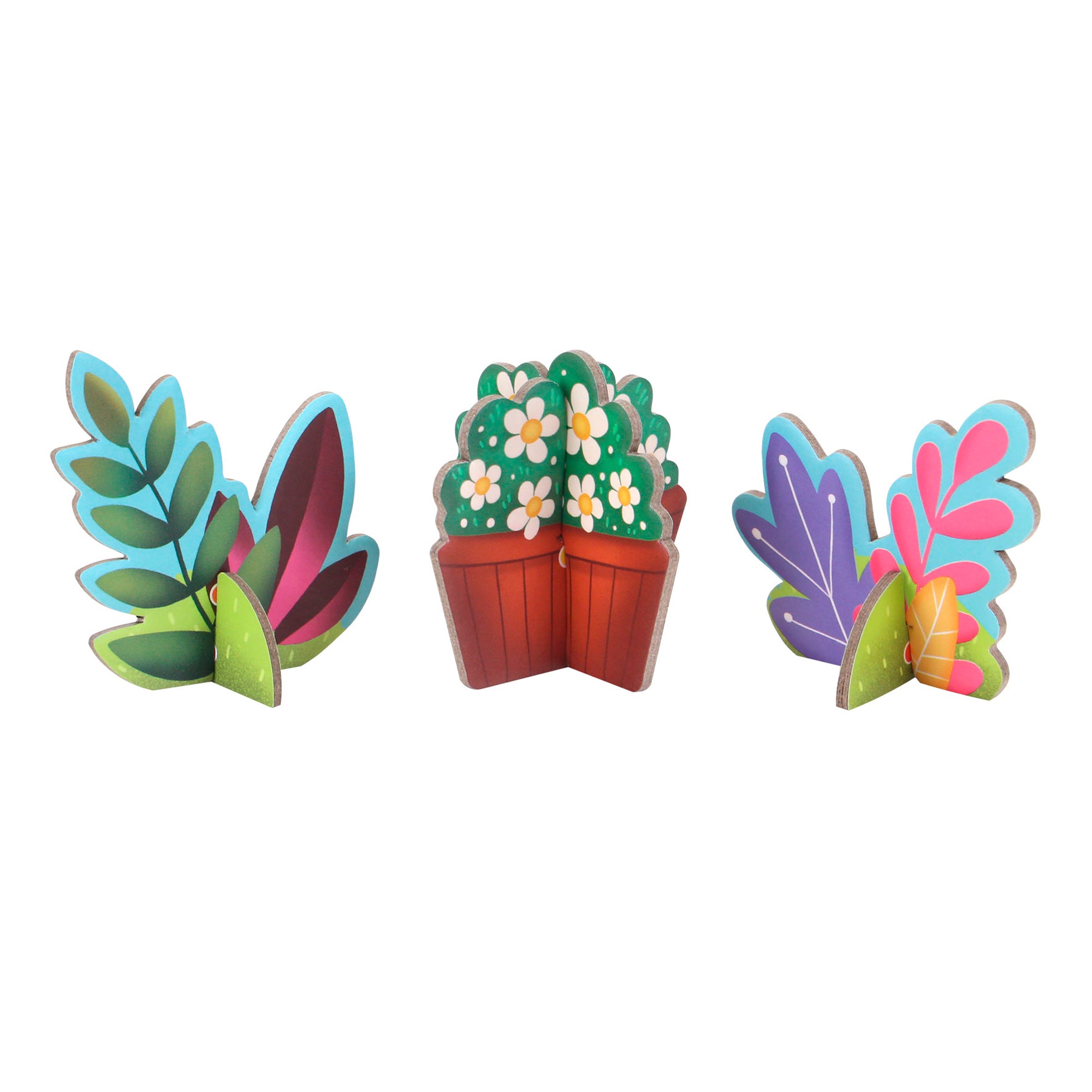 The BangoBerry Pop-Out Playscape features three colorful, cartoon-style wooden plant decorations with vibrant leaves and flowers, including a red flower box with daisies in the center, all shown against a white background.