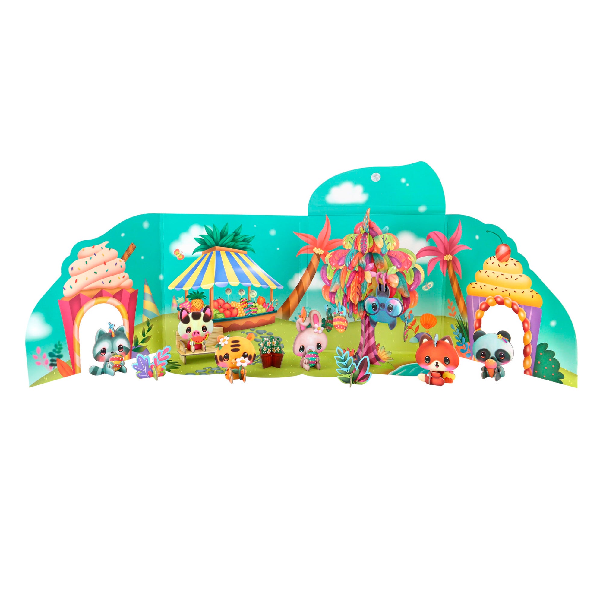 The BangoBerry Pop-Out Playscape features small animal figurines—a panda, fox, tiger, and rabbit—set before a vivid backdrop with a candy stand, ice cream, palm trees, and sweets under a bright blue sky.