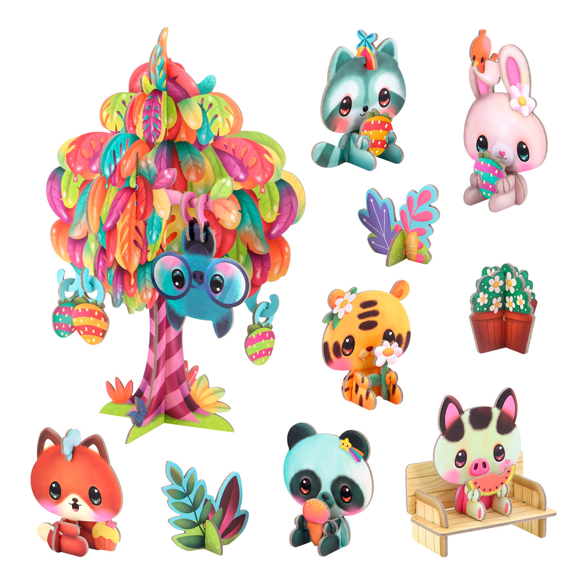 The BangoBerry Pop-Out Playscape features cute animals—a raccoon, bunny, tiger, fox, panda, and a pig on a bench—surrounding a vibrant rainbow-leaf tree with potted flowers and leafy plants.