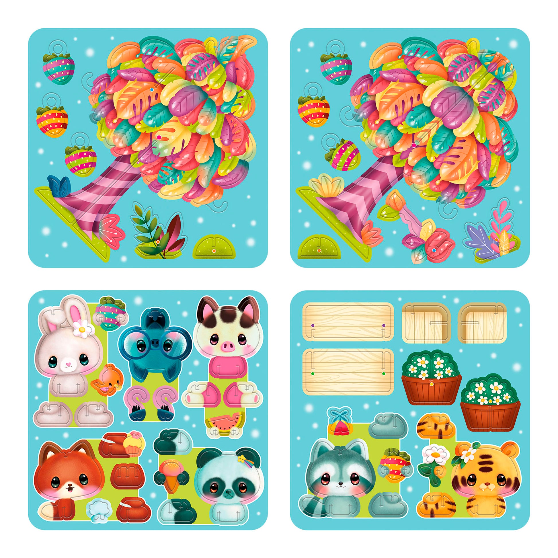 The BangoBerry Pop-Out Playscape features four colorful square puzzles on a blue background: a whimsical lantern tree, mix-and-match animal faces and bodies, cute animal heads, and garden-themed items like boxes and flower pots.
