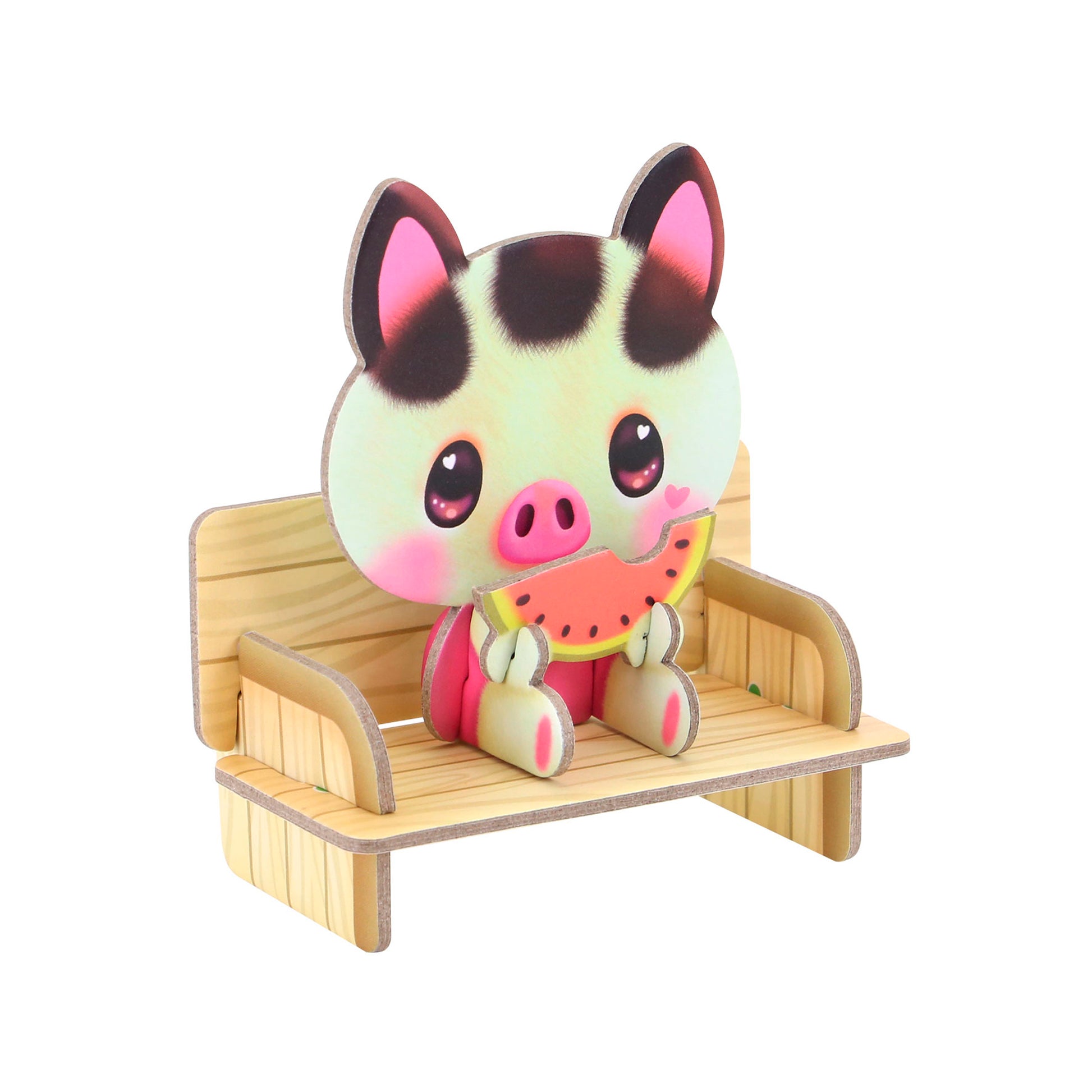 The BangoBerry Pop-Out Playscape features a cute cartoon pig with big eyes and pink cheeks, sitting on a wooden bench and holding a watermelon slice, all illustrated in a playful, colorful style.