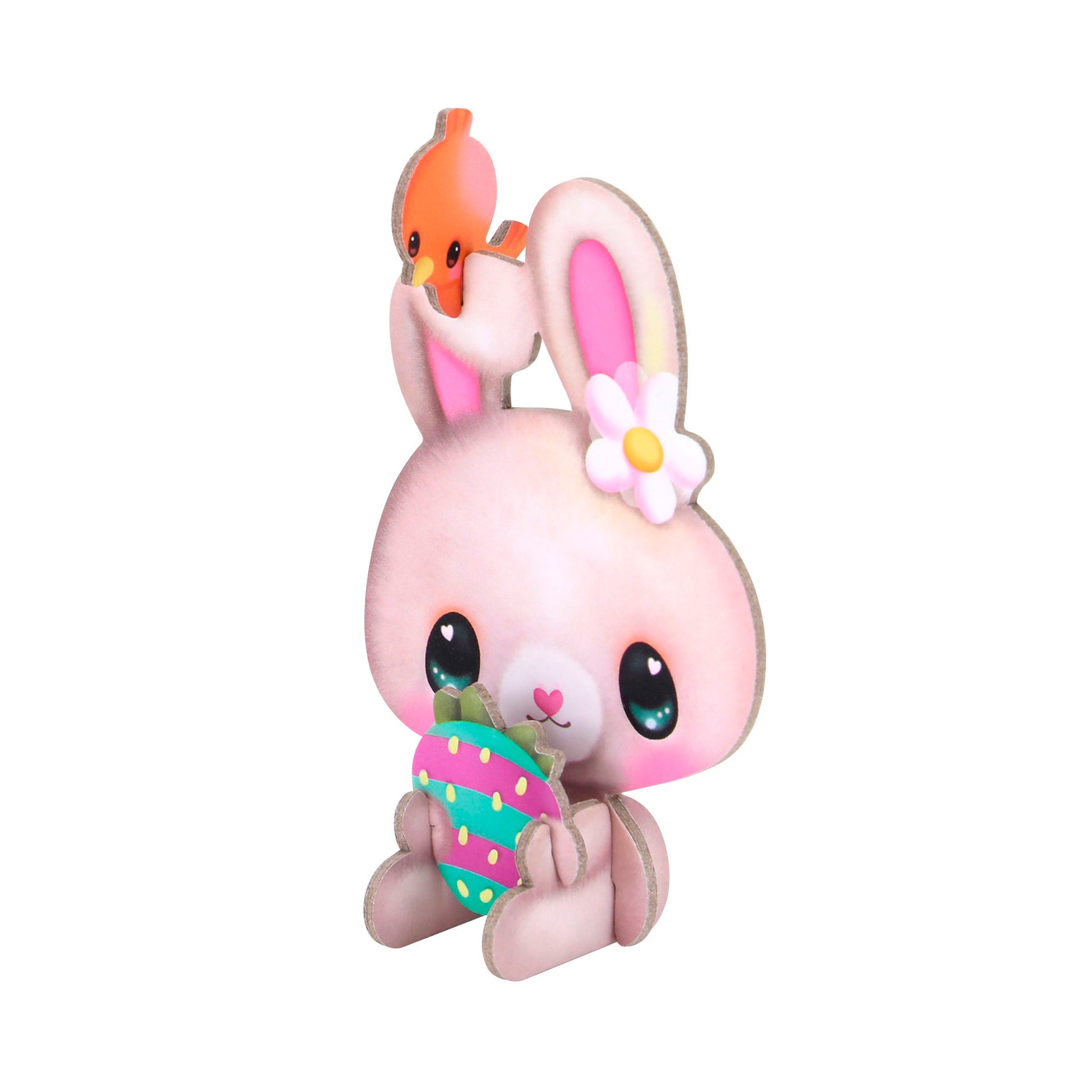 The BangoBerry Pop-Out Playscape features a cute cartoon pink bunny with big eyes holding a decorated Easter egg, wearing a flower by its ear, and a small orange bird on its head, all set against a white background.