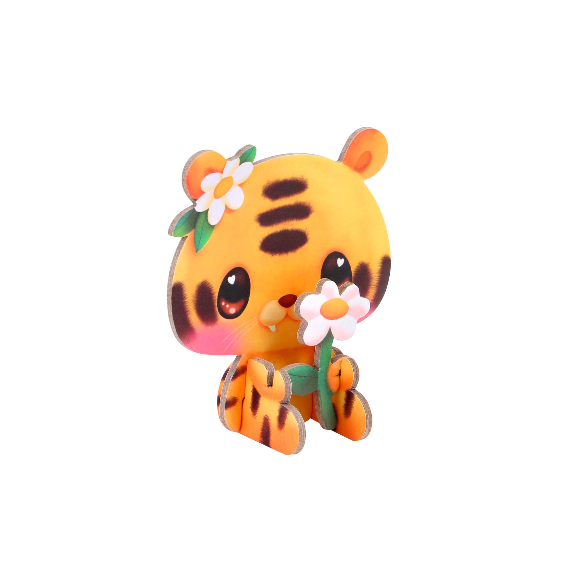 The BangoBerry Pop-Out Playscape features a cute cartoon tiger with orange fur, black stripes, big eyes, and a sweet expression. The tiger sits on its hind legs, holds a white flower, and wears another flower on its head.