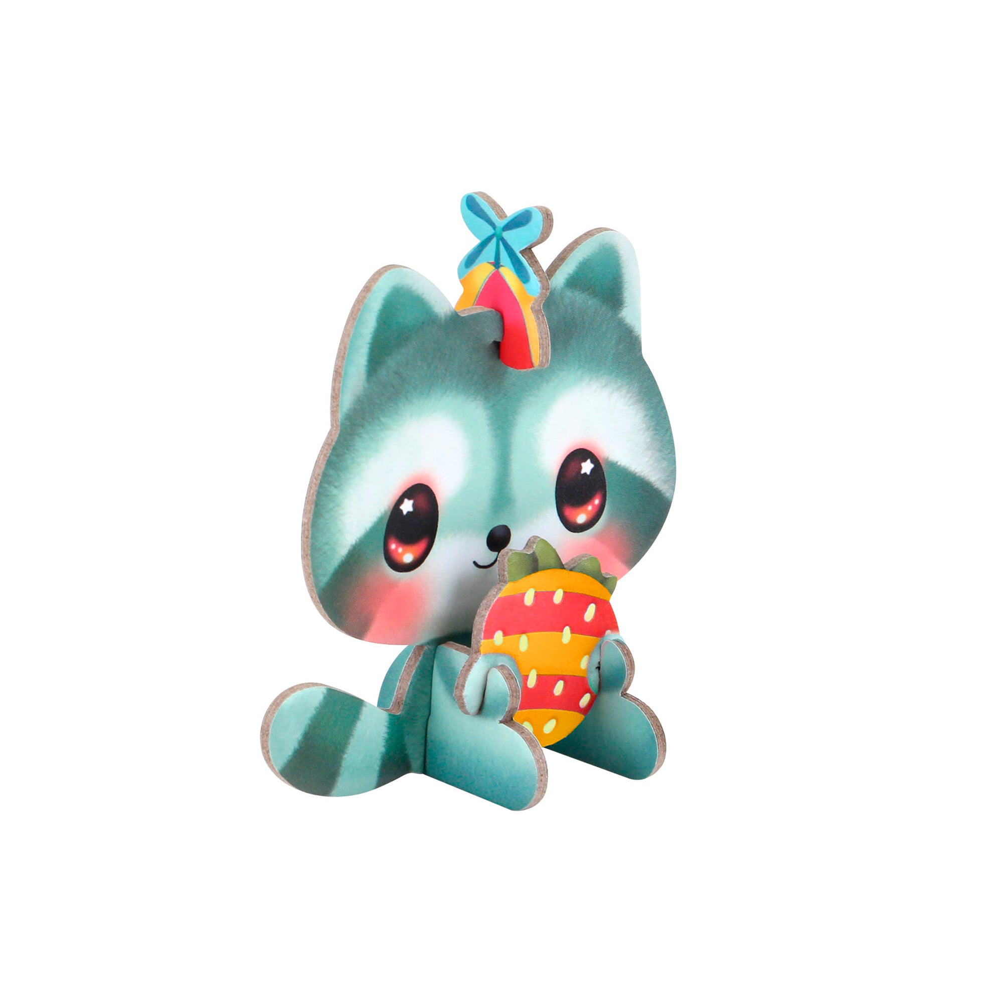 The BangoBerry Pop-Out Playscape features a cute, cartoon-style raccoon with big red eyes, a teal body with white and pink accents, holding a polka-dotted heart and wearing a party hat topped with a bow.