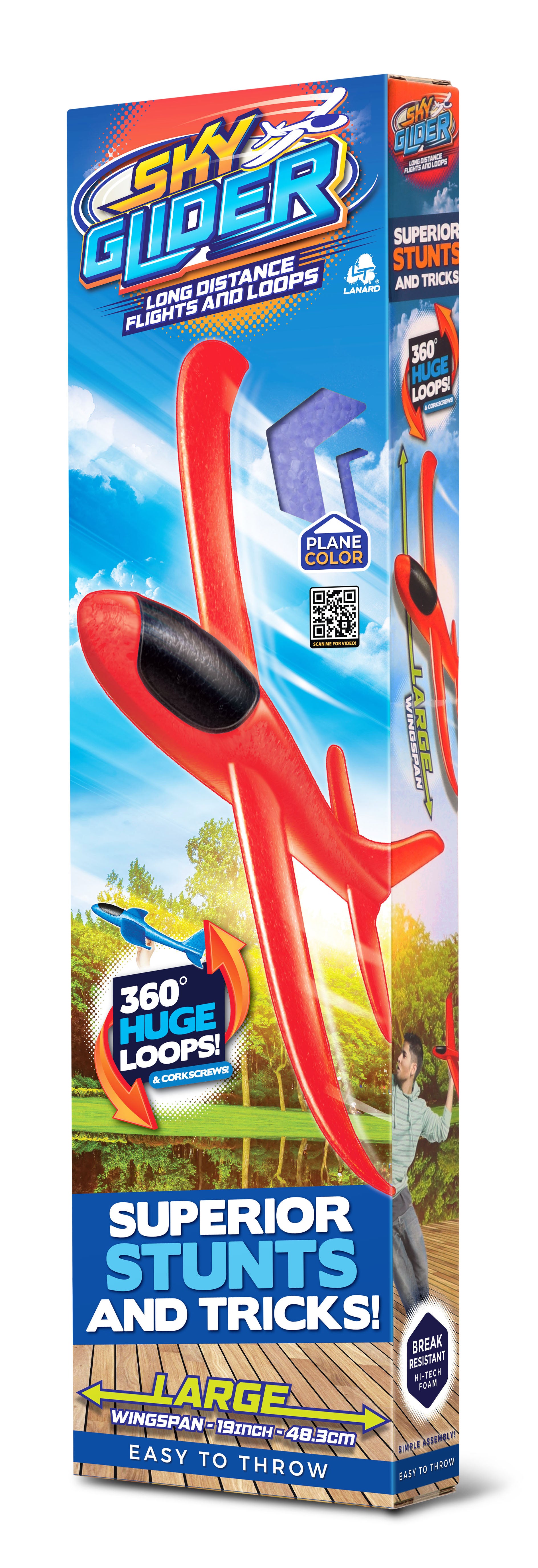 A vibrant red and black Lanard Sky Glider Plane by Lanard rests on its tall box labeled "Sky Glider Plane." The packaging promotes “360° huge loops,” “superior stunts and tricks,” and an “easy to throw” design for kids.