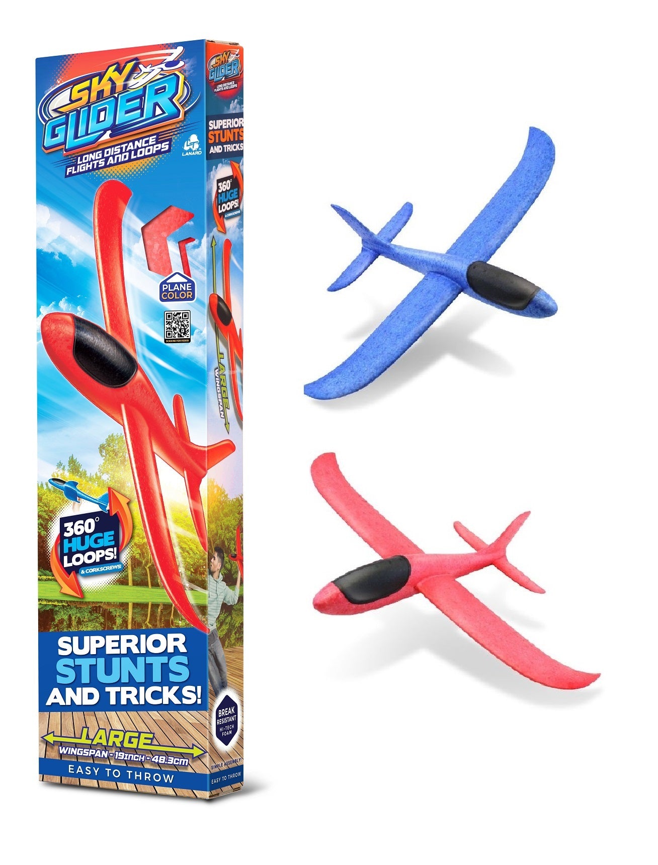 The Lanard Sky Glider Plane set by Lanard includes two foam gliders, one blue and one red, designed for hand-launch stunts, impressive 360° loops, and exciting tricks—perfect flying fun for kids.