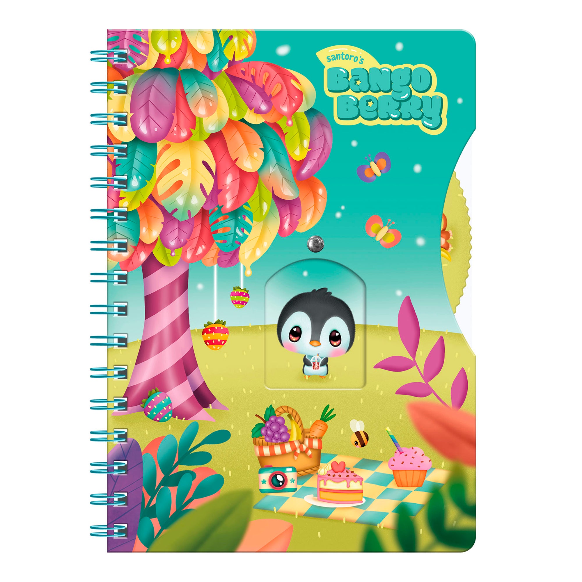 A colorful cover from Santoro’s Bangoberry Story Wheel Notebook Picnic on the Hill features a cute animal under a vibrant tree with berries, cake, and a picnic scene—perfect for journaling. The title appears at the top right.