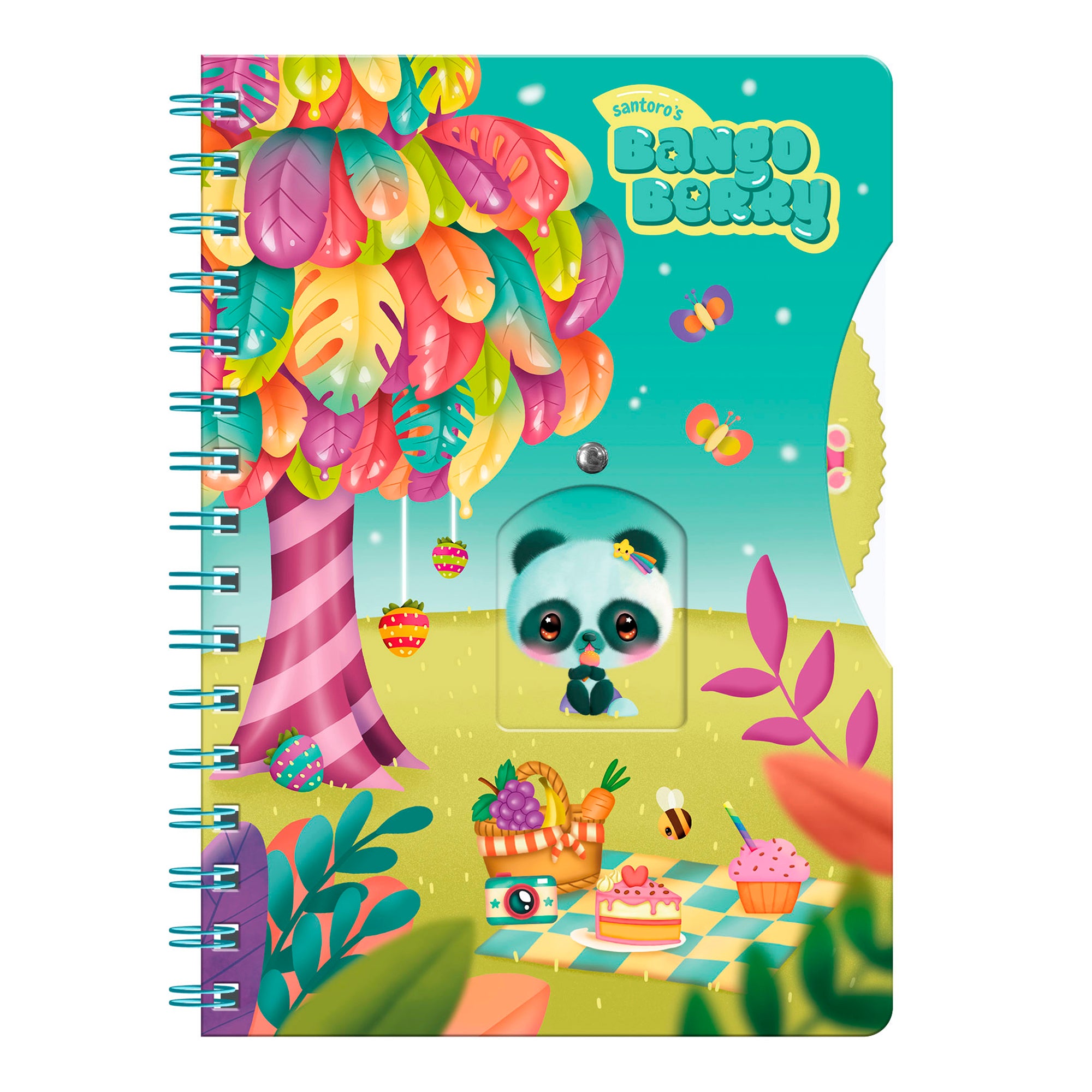 The Bangoberry Story Wheel Notebook Picnic on the Hill by Santoro features a cute blue panda under a vibrant tree with sweets and fruit. "Santoro" appears in the top right, making it perfect for journaling or notes.