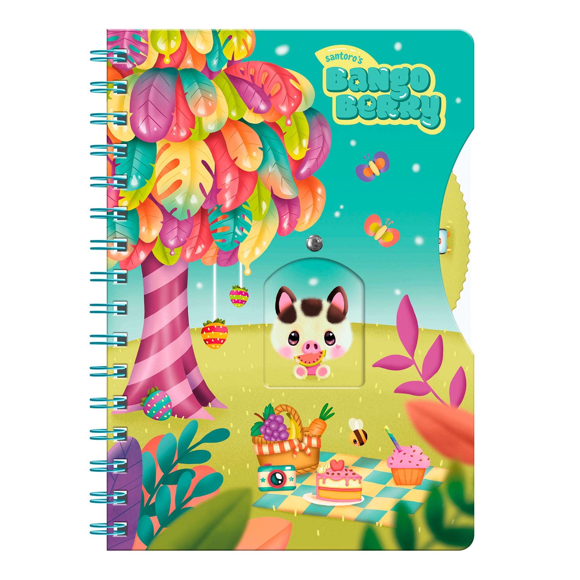 The Bangoberry Story Wheel Notebook Picnic on the Hill by Santoro features a whimsical picnic scene with cute animals, a vibrant tree, butterflies, and treats—perfect for journaling! "Santoros" and "Bango Bunch" appear at the top right.
